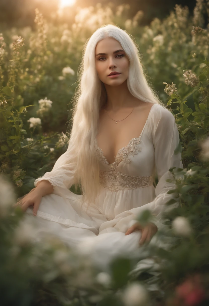 (Obra maestra, Calidad superior), one girl with long white hair sitting in a field of green plants and flowers, Warm moonlight, primer plano borroso, loli, river bank, buenos pantalones cortos, Strange Nude Eyes