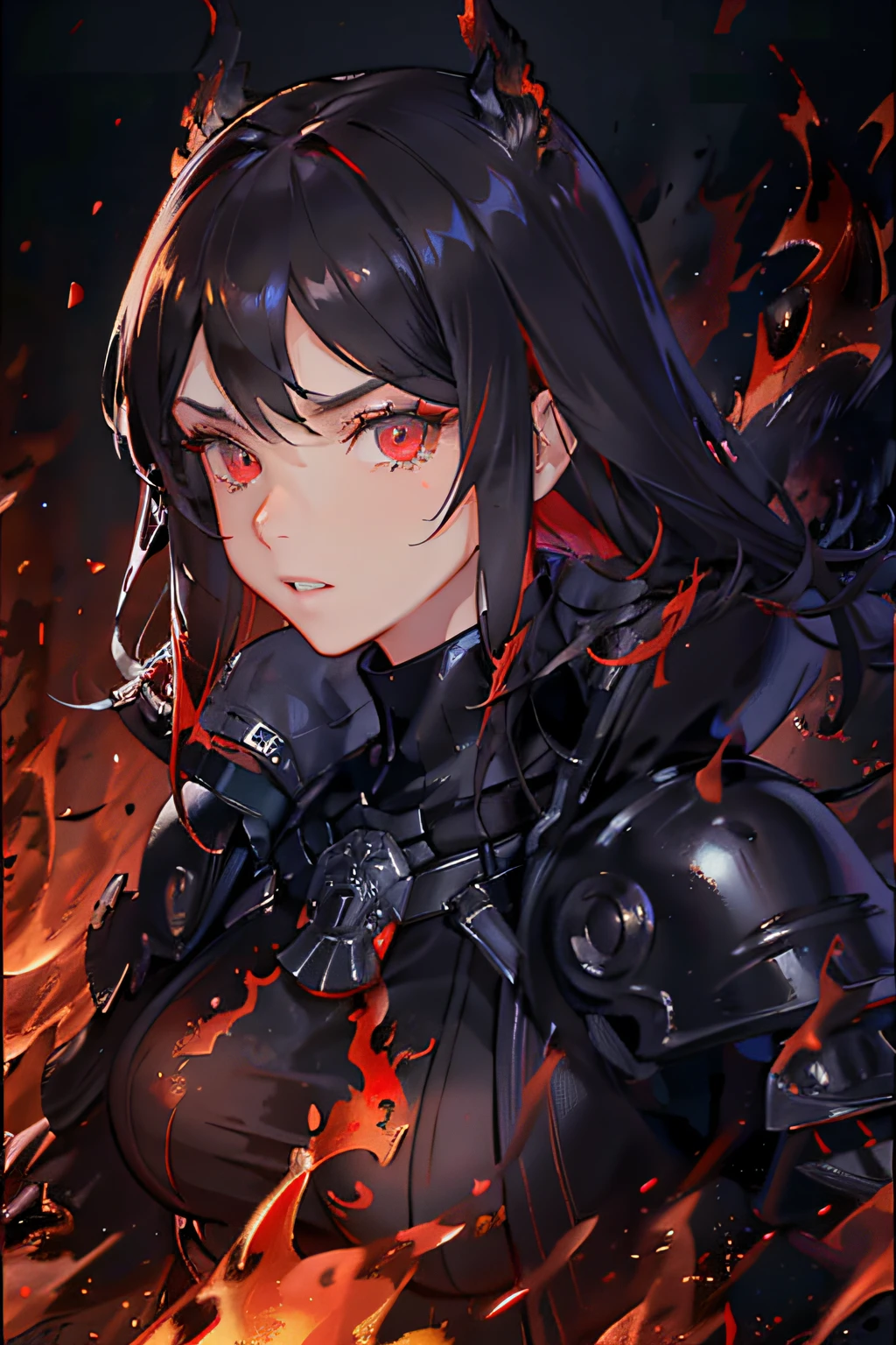 masterpiece, best quality, portraid, night, ultra detailed, red eyes, glowing eyes, solo, black hair, messy hair, short hair, black armor, stare, (evil:1.2), reflection, complex background