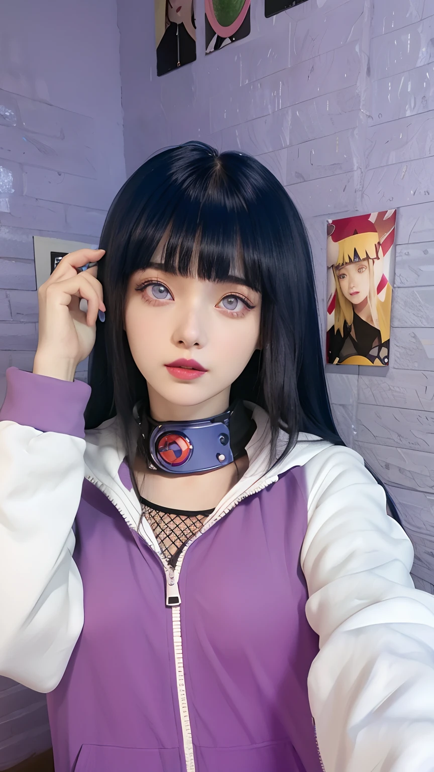a close up of a person with long hair and a hoodie, hinata hyuga, hinata hyuga from naruto, from naruto, as an anime character, perfect anime face, she has dark blue hair with bangs, female anime character, anime character, anime best girl, hime cut hairstyle, dark blue hair, (red glossy lips:1.3), light purple eyes, big breasts, realistic, ultra detail, indoor background
