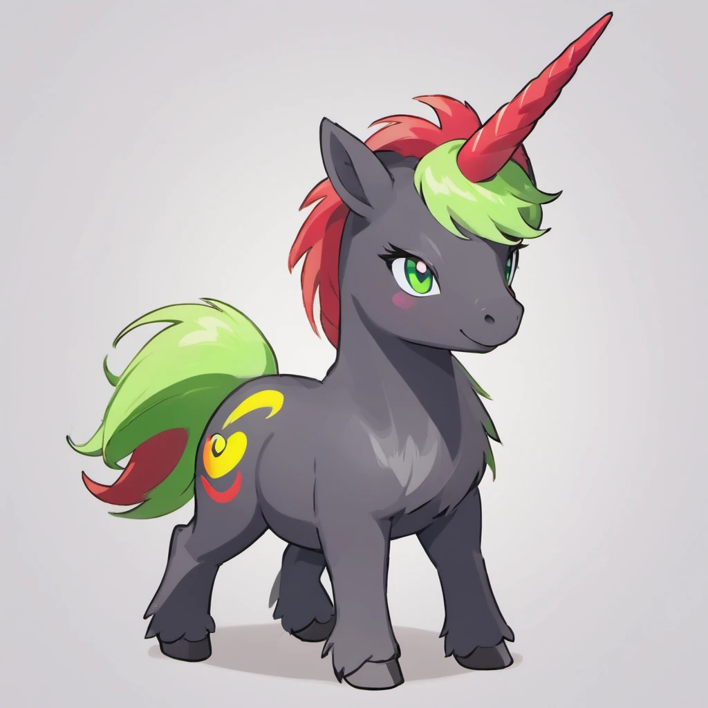 Rally the Unicorn!, dark grey fur with a green horn and a crimson blazing mane and tail, masterpiece, best quality