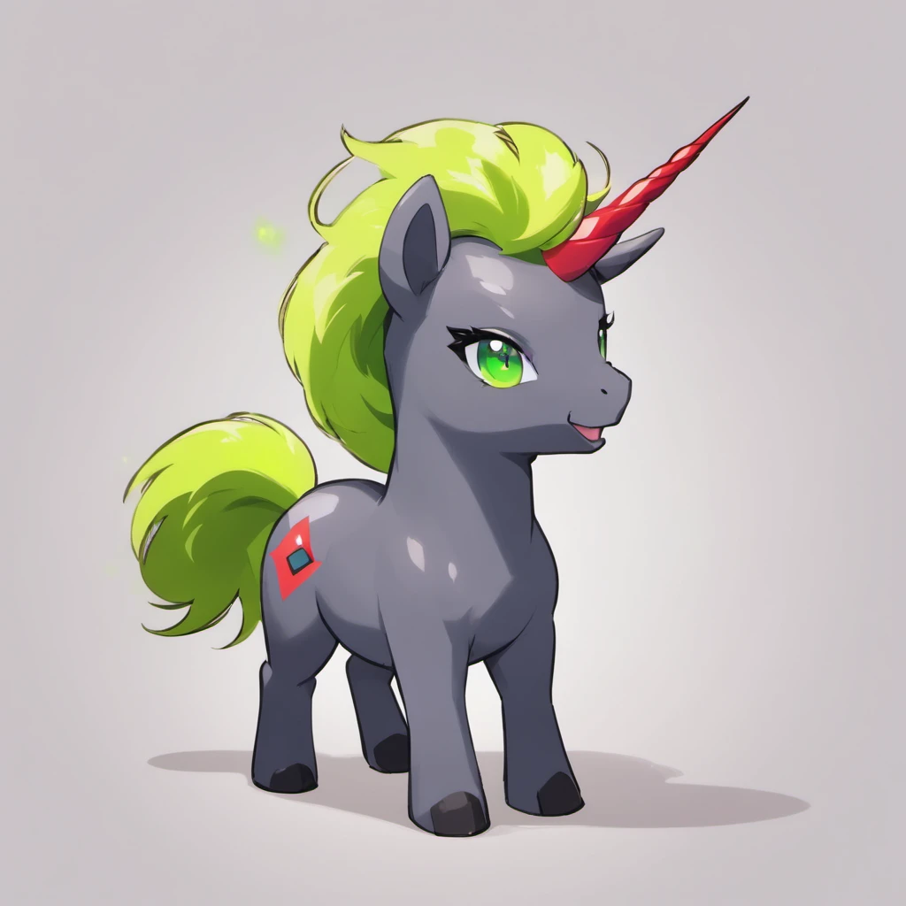 Rally the Unicorn!, dark grey fur with a green horn and a crimson blazing mane and tail, masterpiece, best quality