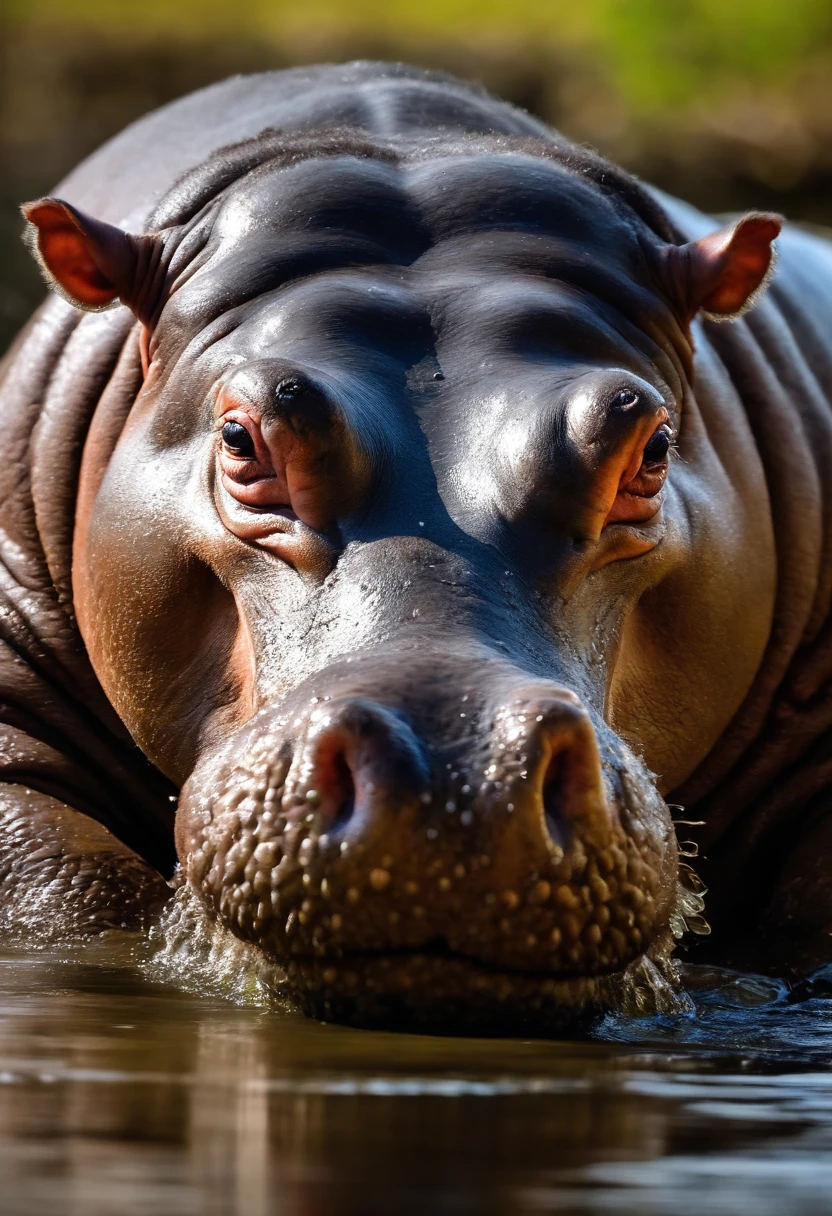 a sweating hippo, realistic, cute, marsh
