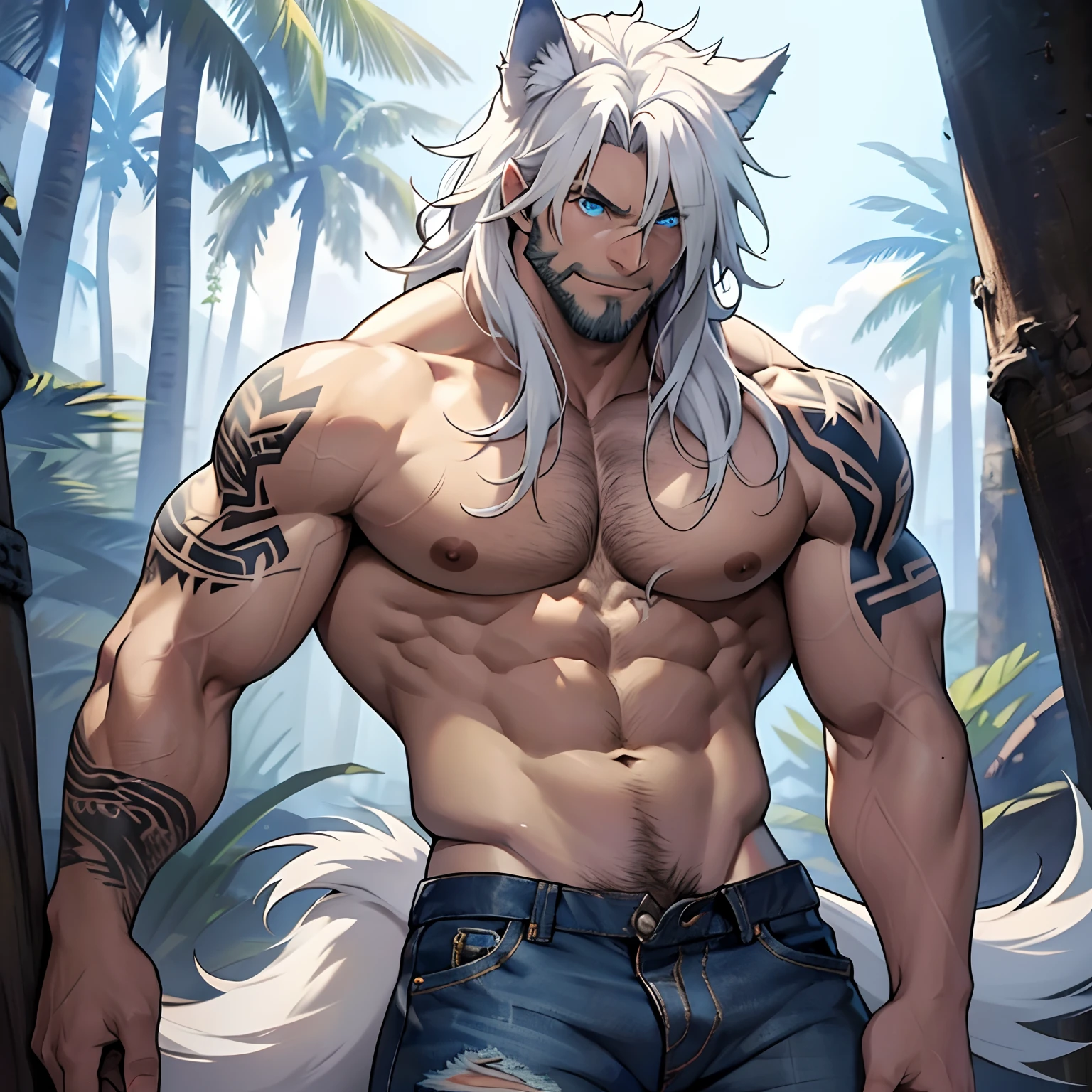 Muscular shirtless male wearing just a pair of torn jeans, has long white hair, has wolf ears, has glowing blue eyes, has light beard stubble, has wolf tail, solo, alone, (SOLO)(ALONE) shirtless, no shirt, (SHIRTLESS)(NO SHIRT), flexing, mystic backround, covered in tribal tattoos,