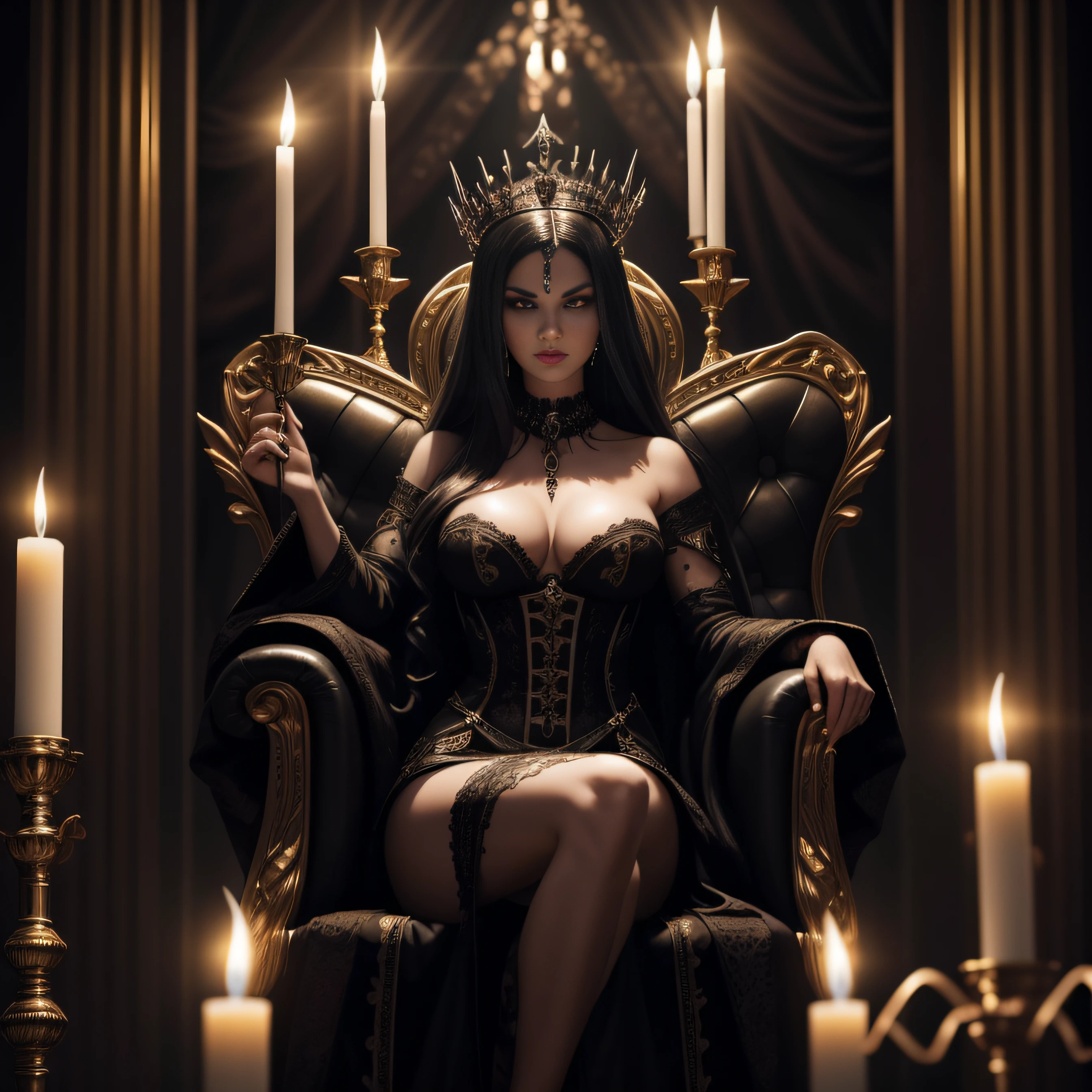 Queen succubus with highly detailed face and his sexy wives with perfect and detailed bodies and faces, Gothic style throne room, candelabra, candles, skulls, , micro detail, 8 K, hyper detailed, full body, volume lighting, raytracing, vivid colors, depth of field, sharp focus, detailed photograph, , portrait, highly detailed, beautiful, HD, ultra demon looking, dimed lights candles everywhere,