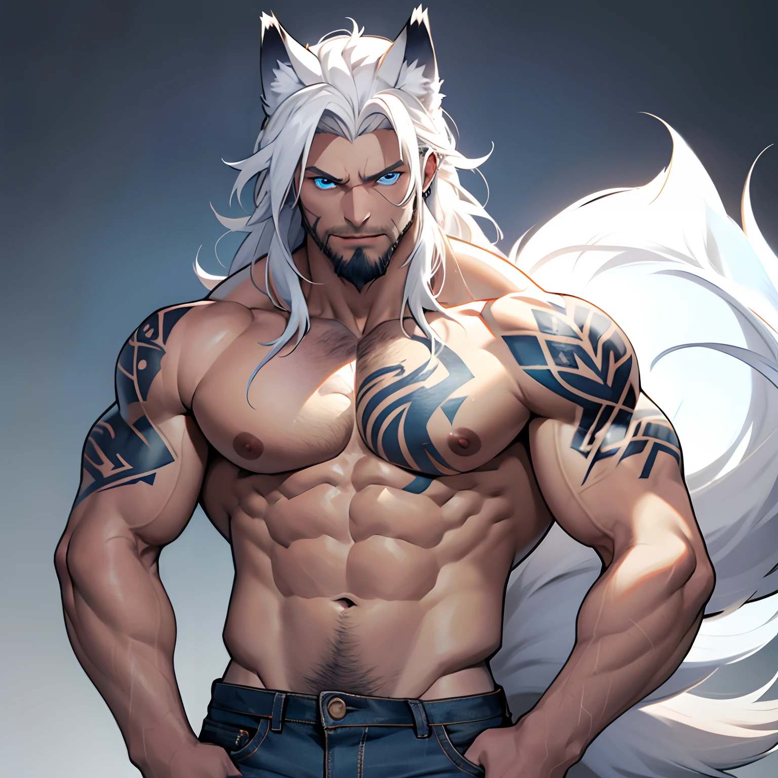 Muscular shirtless male wearing just a pair of torn jeans, has long white hair, has wolf ears, has glowing blue eyes, has light beard stubble, has wolf tail, solo, alone, (SOLO)(ALONE) shirtless, no shirt, (SHIRTLESS)(NO SHIRT), flexing, mystic backround, covered in tribal tattoos,