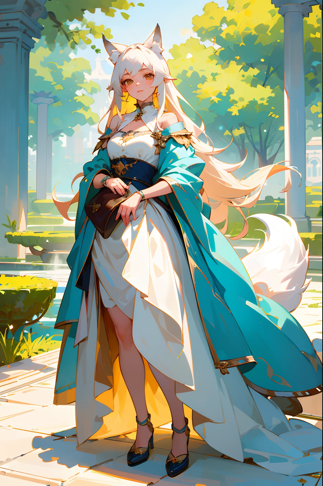 (best quality, masterpiece, ultra-realistic), portrait of 1 beautiful and delicate girl, with a soft and peaceful expression, the background scenery is a palace garden, wolf tail, wolf ears, full body, fashion concept art