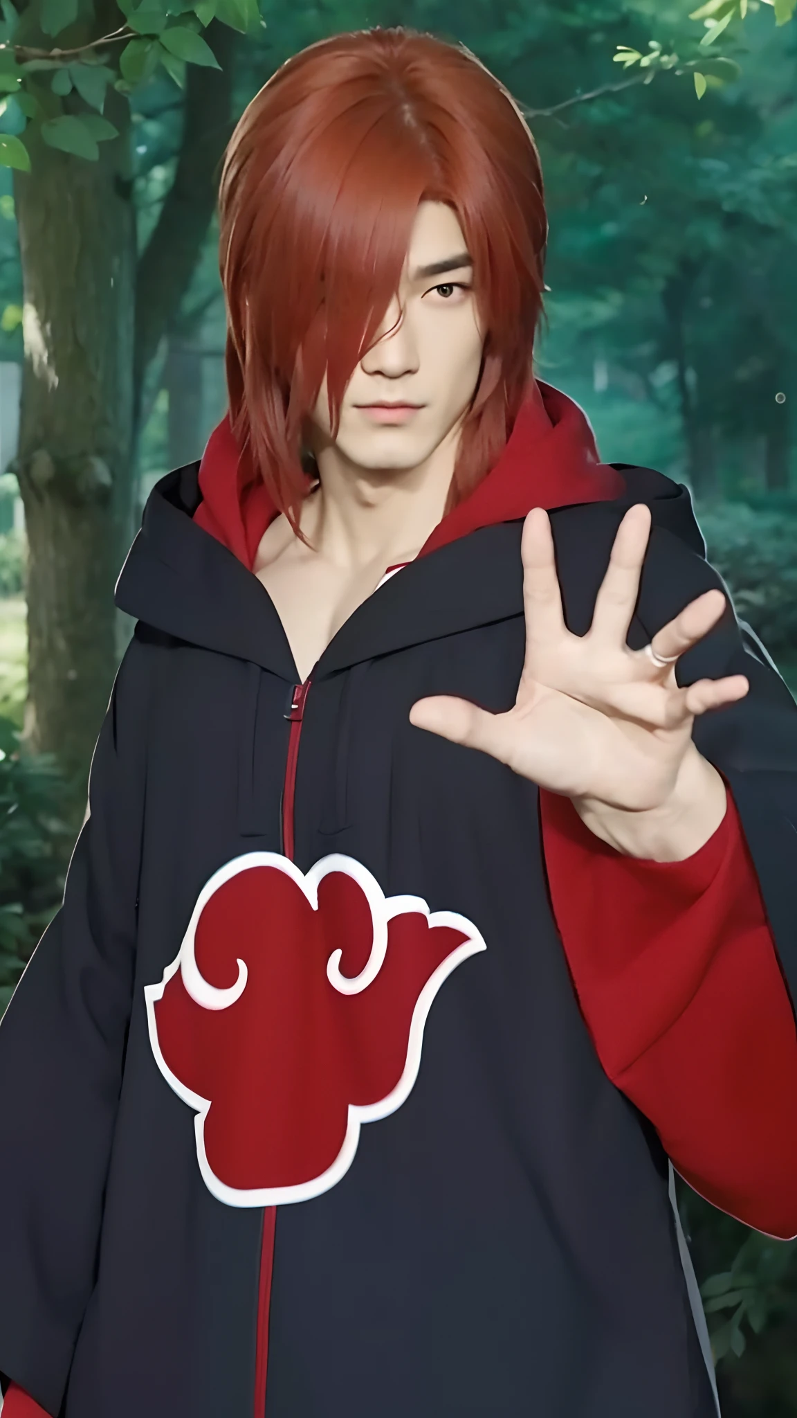 Real life adaption of this character, handsome man face, cool expression, ((realistic same hair)),((realistic same outfit with Akatsuki logo)) , hyper realistic, realistic light, realistic shadow, realism,(photorealistic:1.2), looking to viewer ,Muscular man body