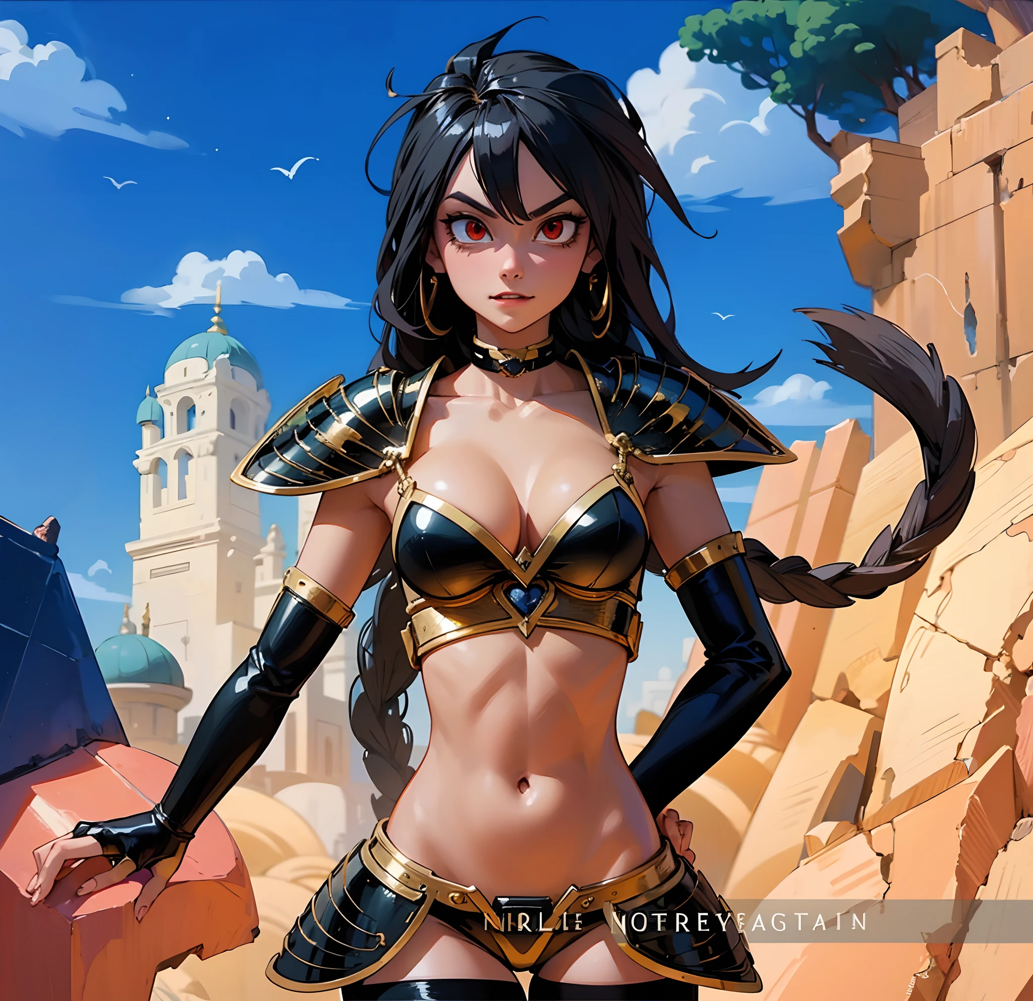 ((High quality)) digital illustration of a beautiful woman in black and gold armor, with monkey tail, devious expression, red eyes, fangs, night sky background, ancient ruins, dragon ball Z style character