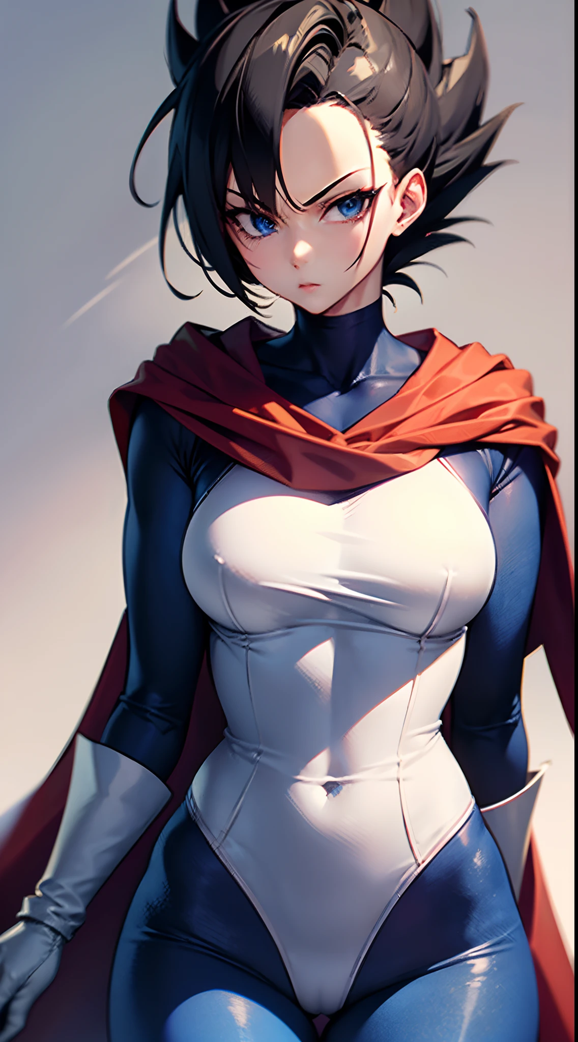 1 female, solo, Female Vegeta, upper body picture, masterpiece, very detailed, EnvyBetterHands LoCon, great quality, wearing a red cape, wearing white gloves, wearing blue armor, wearing white scouter,