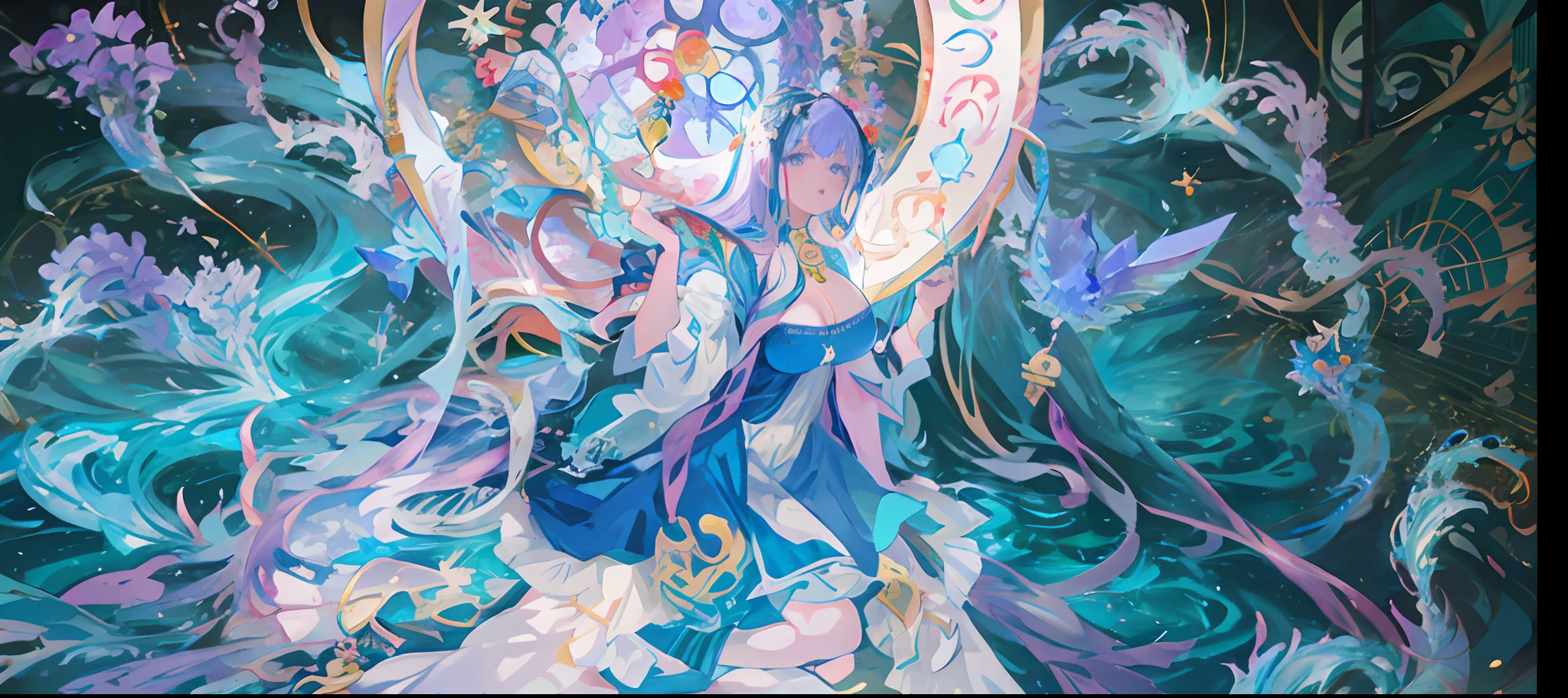 Anime art of a woman in a blue dress holding a glass, Detailed key anime art, Official artwork, anime art nouveau cosmic display, trending on artstation pixiv, Beautiful celestial mage, Fine details. anime big breast. Tentacles, astral clockwork, pixiv trending, trending on pixiv, Album art, [ tarot cards ]!!!!!, closeup fantasy with water magic