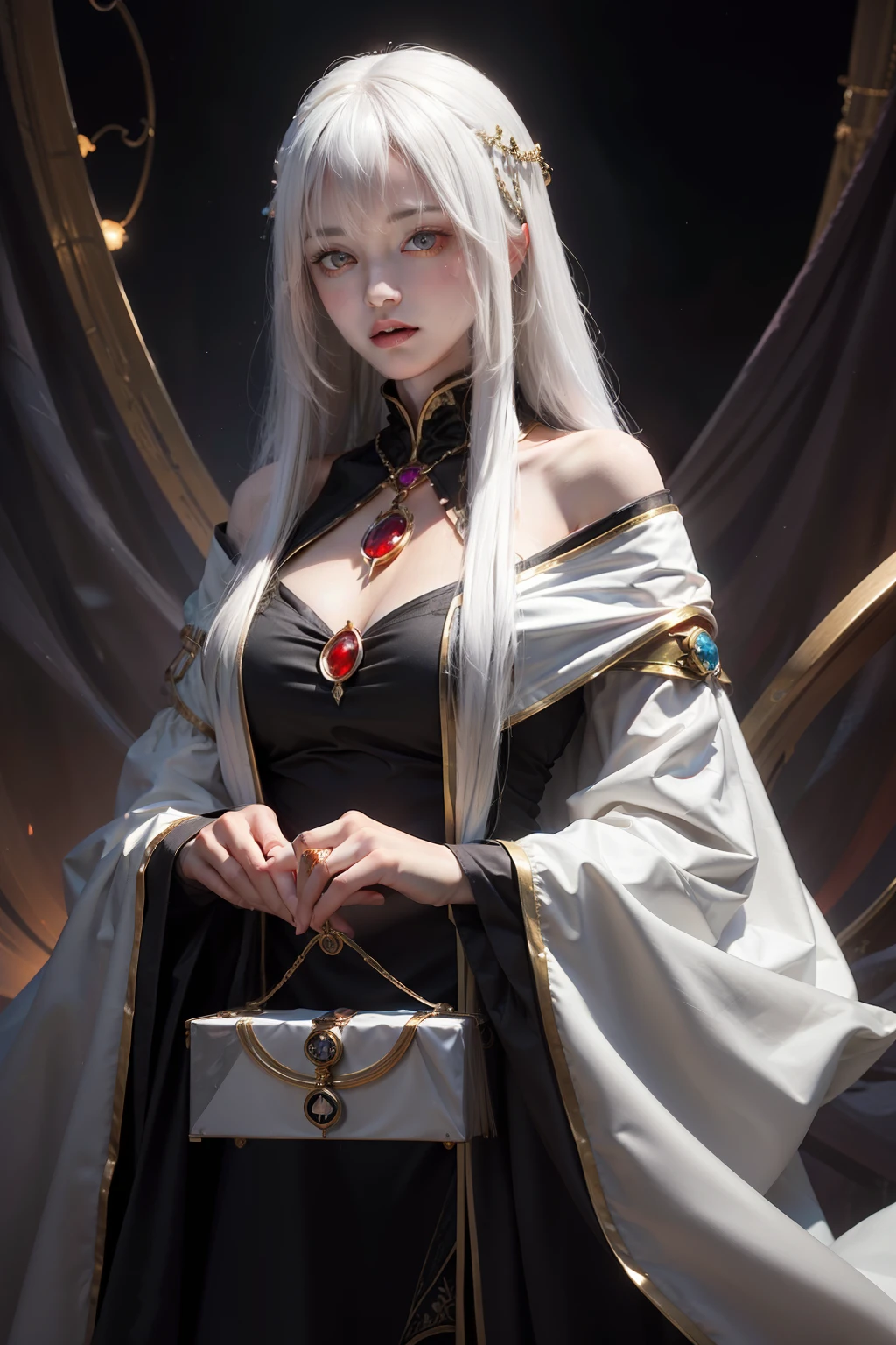 Mysterious woman doing tarot reading,Tarot Reading,cute face,Blunt bangs, Straight hair, Shiny hair,Medieval mystery clothes,Mysterious fortune teller,Mysterious hermit,White Magician,magical lights,albino,Red Eyes,Red glowing eyes,magical lights,