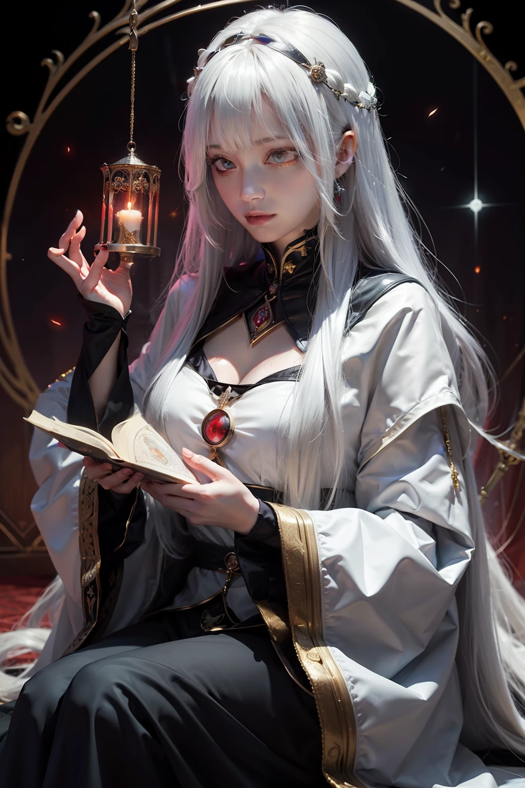 Mysterious woman doing tarot reading,Tarot Reading,cute face,Blunt bangs, Straight hair, Shiny hair,Medieval mystery clothes,Mysterious fortune teller,Mysterious hermit,White Magician,magical lights,albino,Red Eyes,Red glowing eyes,magical lights,