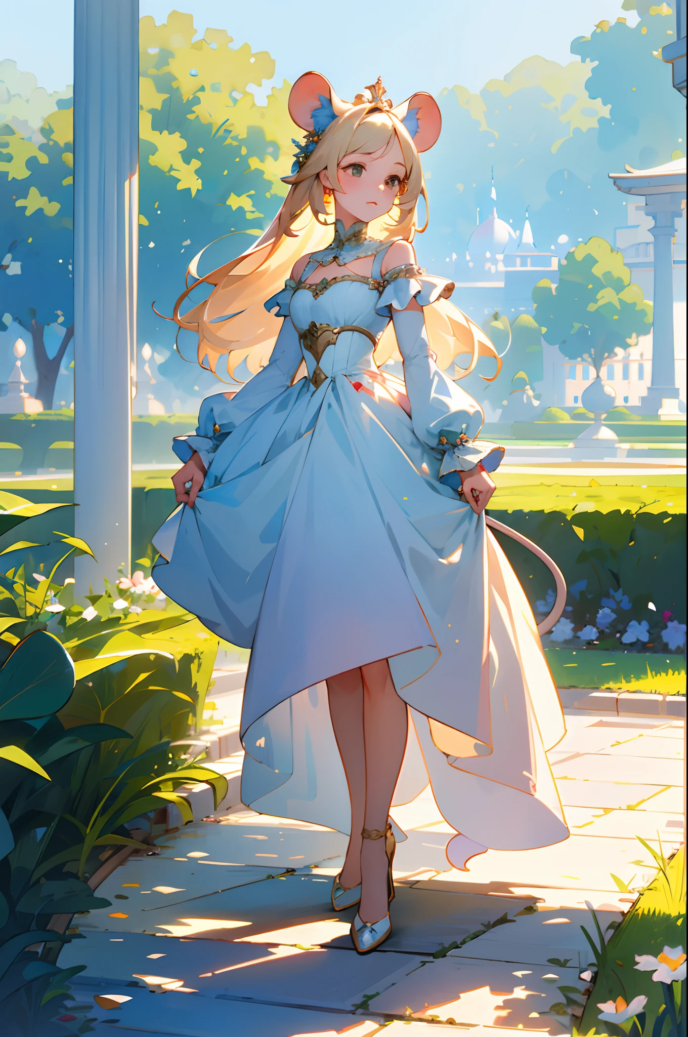 (best quality, masterpiece, ultra-realistic), portrait of 1 beautiful and delicate girl, with a soft and peaceful expression, the background scenery is a palace garden, mouse tail, mouse ears, full body, fashion concept art