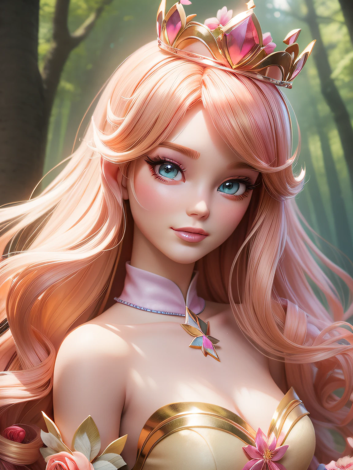 Enter a magical kingdom as Barbie  With twinkling handles and a flower crown, She spreads enchantment in an ethereal forest setting, prism and glitter, with peach hair, a beige dress, hazel eyes,