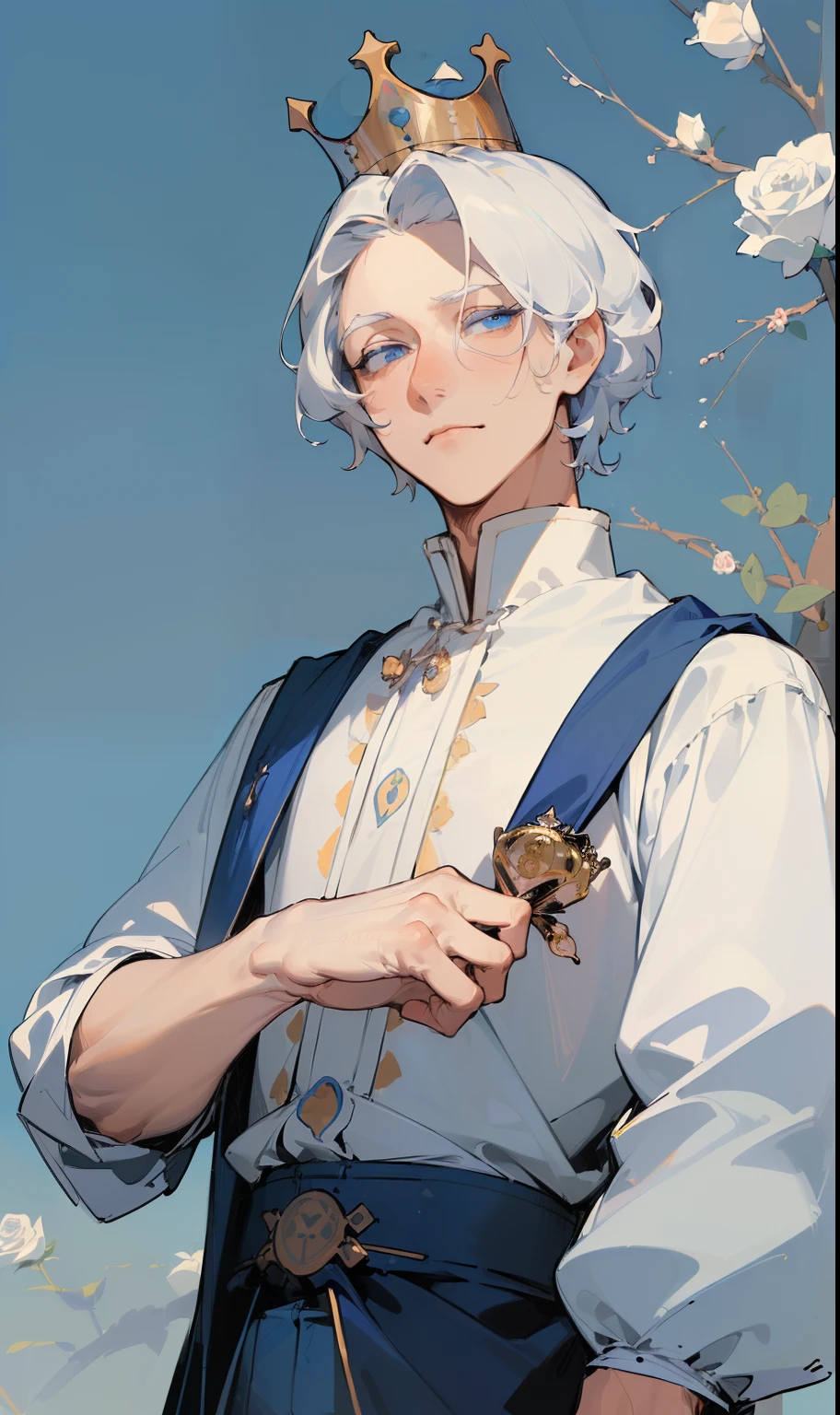 (masterpiece, best quality:1.2), extremely detailed, detailed hair, soft skin, 1man, solo, standing, upper body, from up, white hair, short hair, crown, royal clothes, blue eyes, long eyelashes, looking at viewer, puffy shirt, pants, blue background, roses tarot background