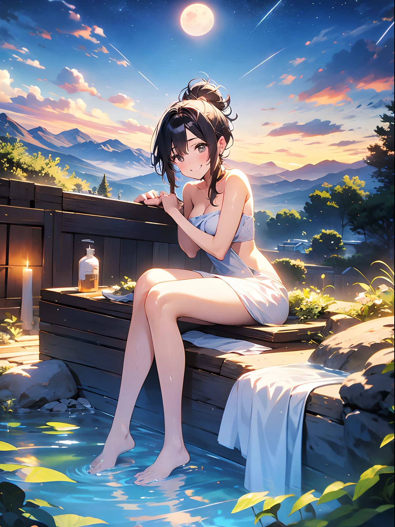 in 8K、top-quality、​masterpiece、ultra-detailliert、Ultra-high resolution、Anime style、outdoor bath、Rock bath、fullmoon、mountains on background、1 girl in、Wrap a bath towel around your body、A smile、wetting hair