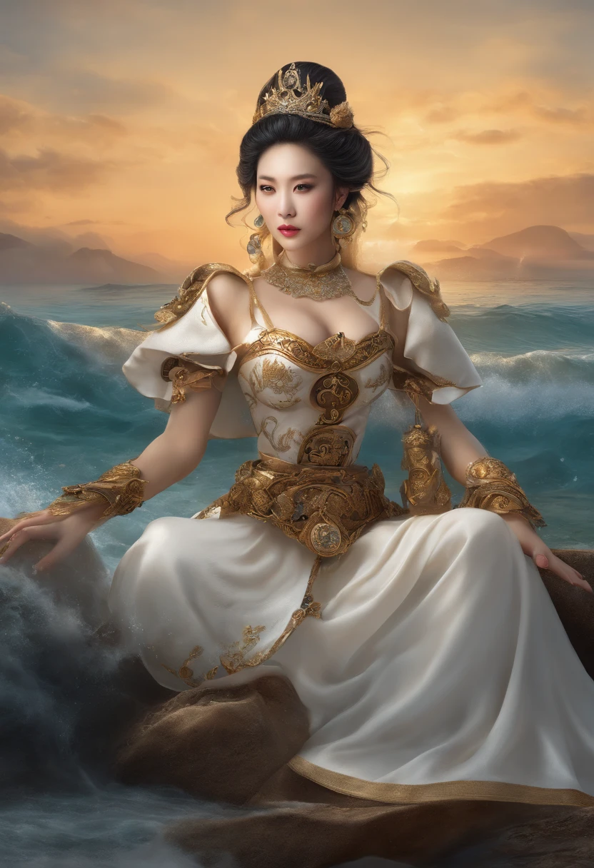 There was a woman sitting on the beach holding a clock, queen of the sea mu yanling, Beautiful digital artwork, 4k highly detailed digital art, a beautiful fantasy empress, 8K high quality detailed art, fantasy beautiful, by Yang J, beautiful gorgeous digital art, Guviz, Guviz-style artwork, beautiful fantasy art, Chinese fantasy