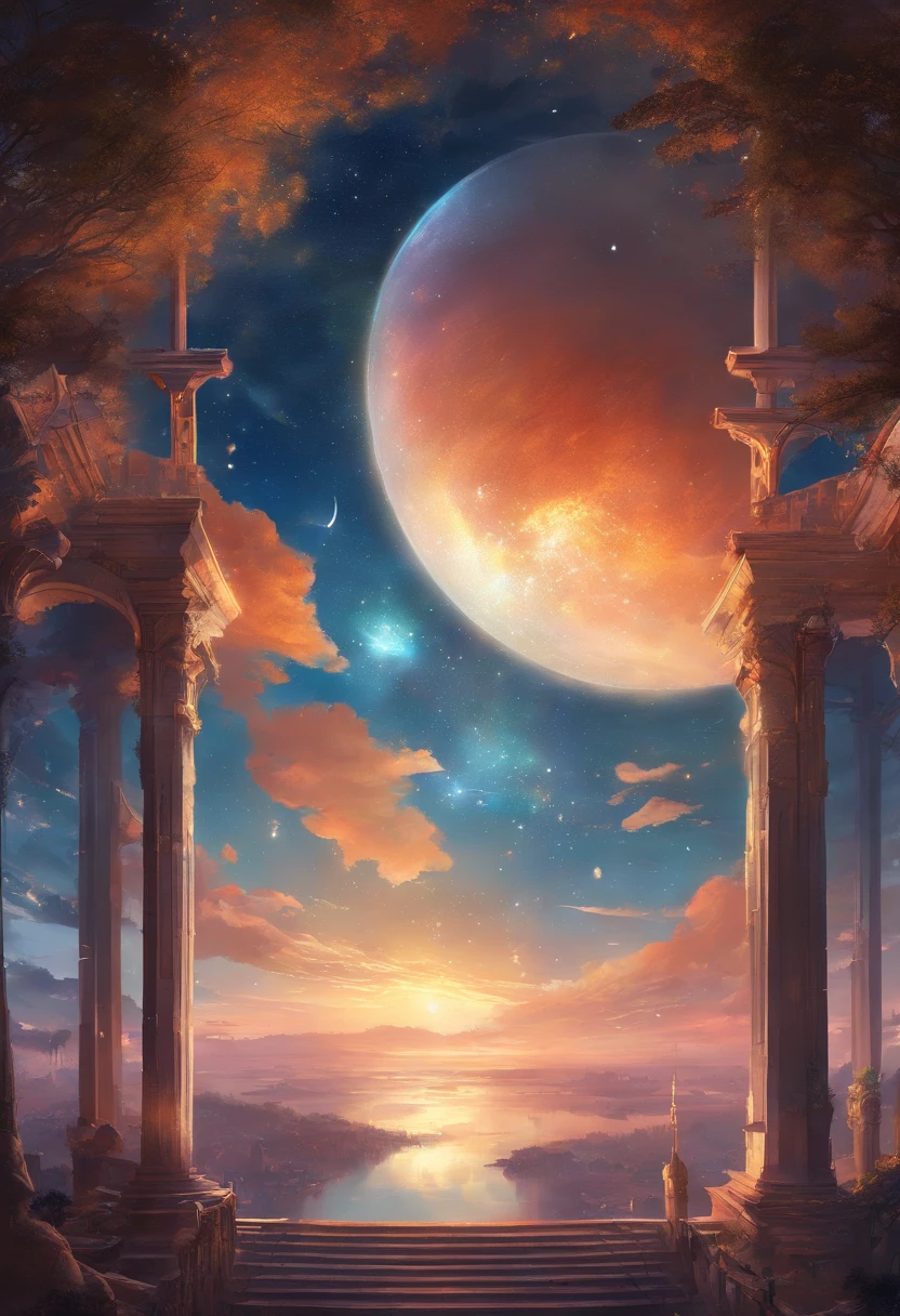 Night sky seen in a transparent square box、Buildings around、(Ultra-realistic details)、high-level image quality、