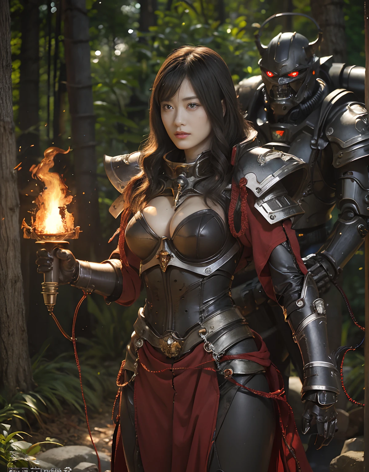 ()、top-quality、​masterpiece、超A high resolution、(Photorealsitic:1.4)、Raw photo、女の子1人、Fight mutants、(Mystical expression)、glowy skin、(((1 Mechanical Girl)))、With a beautiful knife、（Detailed Silver Metal Bodysuit）、(Detailed Goblin、ogre、Fierce battle with orcs),（Fight fiercely against aliens）、Fight fiercely、(beautiful forest background)、(Fighting Demonic Beasts)、(Small LED)、((super realistic details))、portlate、(Strong giant demon beast background),globalillumination、Shadow、octan render、8K、ultrasharp、Colossal tits、Raw skin is exposed in cleavage、metals、Details of complex ornaments、Japan details、highly intricate detail、Realistic light、(Mystical expression),CGSoation Trends、Blue eyes、radiant eyes、Facing the camera、neon details、(Mechanical limbs)、(blood vessels connected to tubes)、Mechanical vertebrae attached to the back、mechanical cervical attaching to neck、(Wires and cables connecting to the head)、Gundam、Small LED、,Mechanical thighs、Toostock、（Hands are also made of machines）、（Attack of the Monster Beasts）、（Wounded in a deadly battle）、