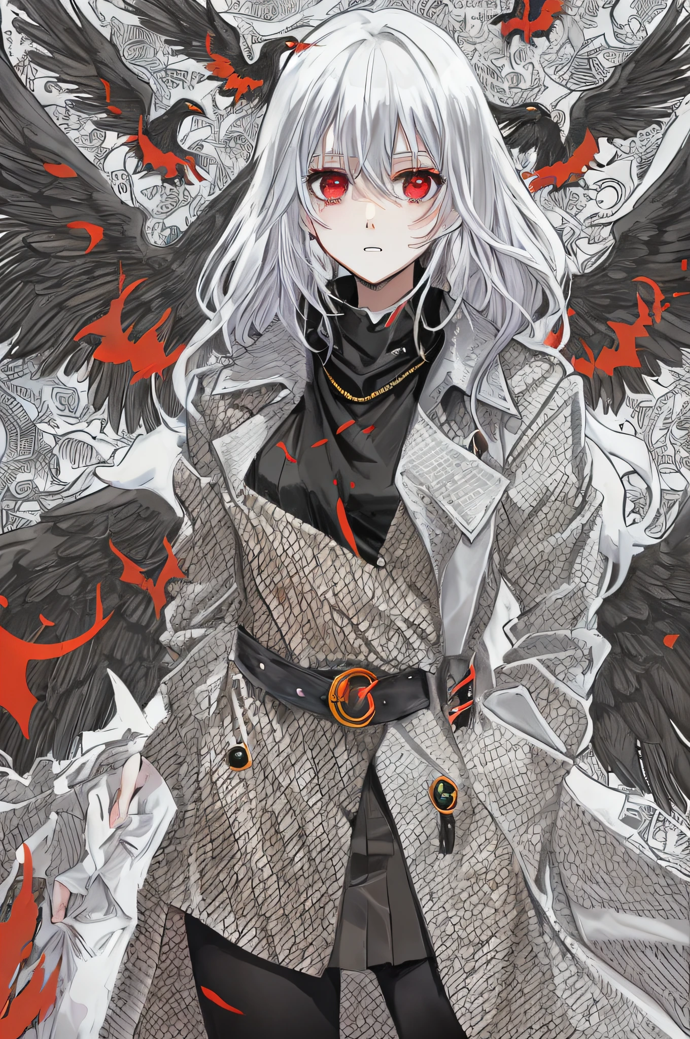 Black Phoenix,Anime shoujo,(((solo person))),Wear a top that exposes your navel,Long black trench coat,Messy White Hair,with a red eyes,Slightly helpless