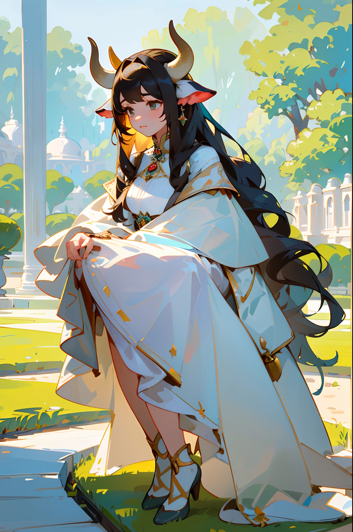 (best quality, masterpiece, ultra-realistic), portrait of 1 beautiful and delicate girl, with a soft and peaceful expression, the background scenery is a palace garden, cow tail, cow ears, cow horns, full body, fashion concept art