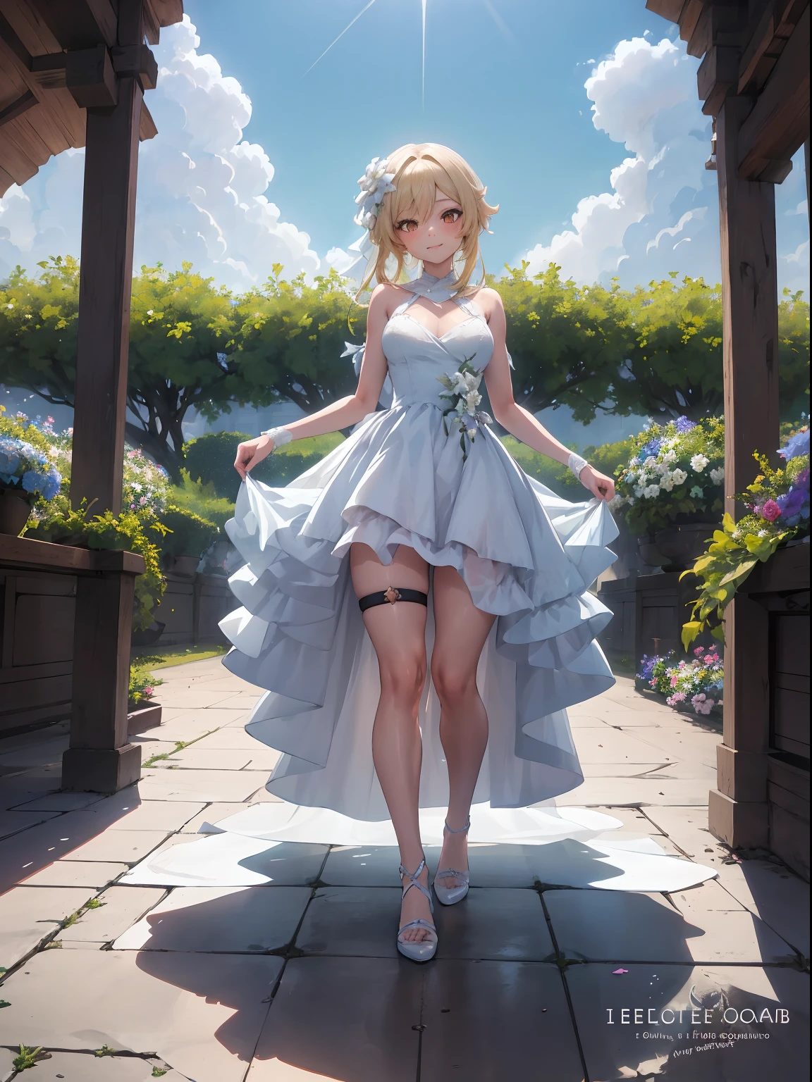 Lumine | genshin impact, master-piece, bestquality, 1girls,25 years old, proportional body, proportional., Wedding Dresses, White Wedding Dress, Long skirt, wedding, ,bara, Standing in the middle of a flower garden, outdoor, wedding, The sky is beautiful, Both hands hold a bouquet of flowers......................................, View viewers from the front., Thigh strap, Head tilt, bored, 10, 10, HD, slight smile,