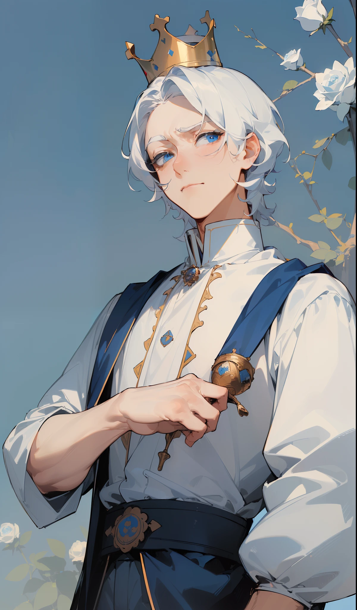 (masterpiece, best quality:1.2), extremely detailed, detailed hair, soft skin, 1man, solo, standing, upper body, from up, white hair, short hair, crown, royal clothes, blue eyes, long eyelashes, looking at viewer, puffy shirt, pants, blue background, roses tarot background, grumpy