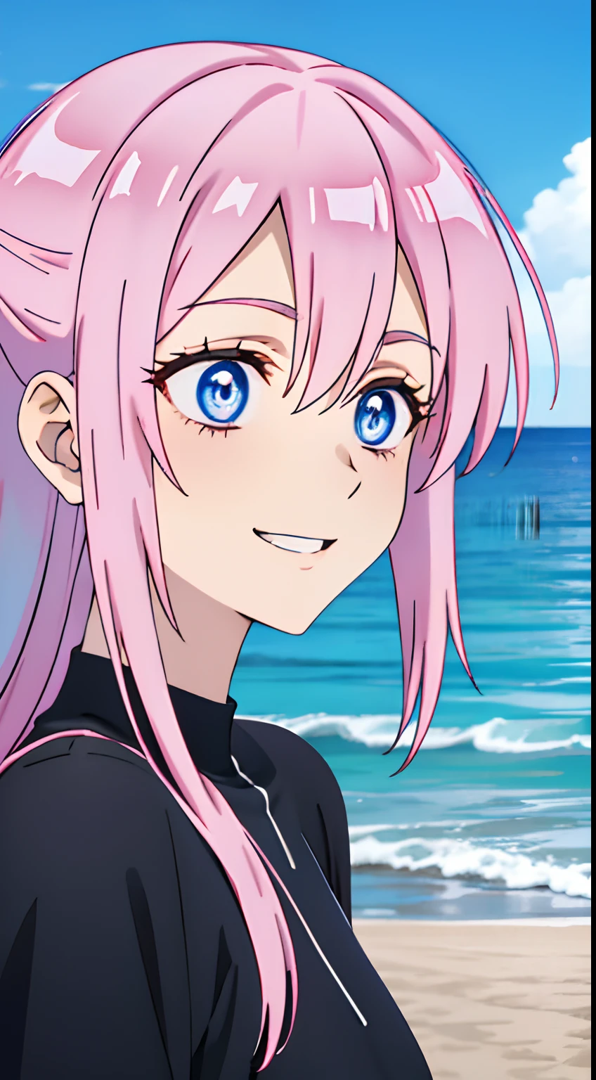 anime girl with long pink hair and blue eyes in a black swimsuit on a beach near the ocean, crazy seductive smile, directed gaze, high - angle, very very very beautiful, ultra detail, hight quality, best quality