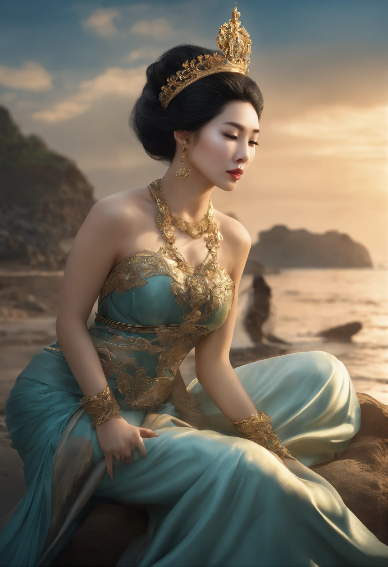 There was a woman sitting on the beach holding a clock, queen of the sea mu yanling, Beautiful digital artwork, 4k highly detailed digital art, a beautiful fantasy empress, 8K high quality detailed art, fantasy beautiful, by Yang J, beautiful gorgeous digital art, Guviz, Guviz-style artwork, beautiful fantasy art, Chinese fantasy