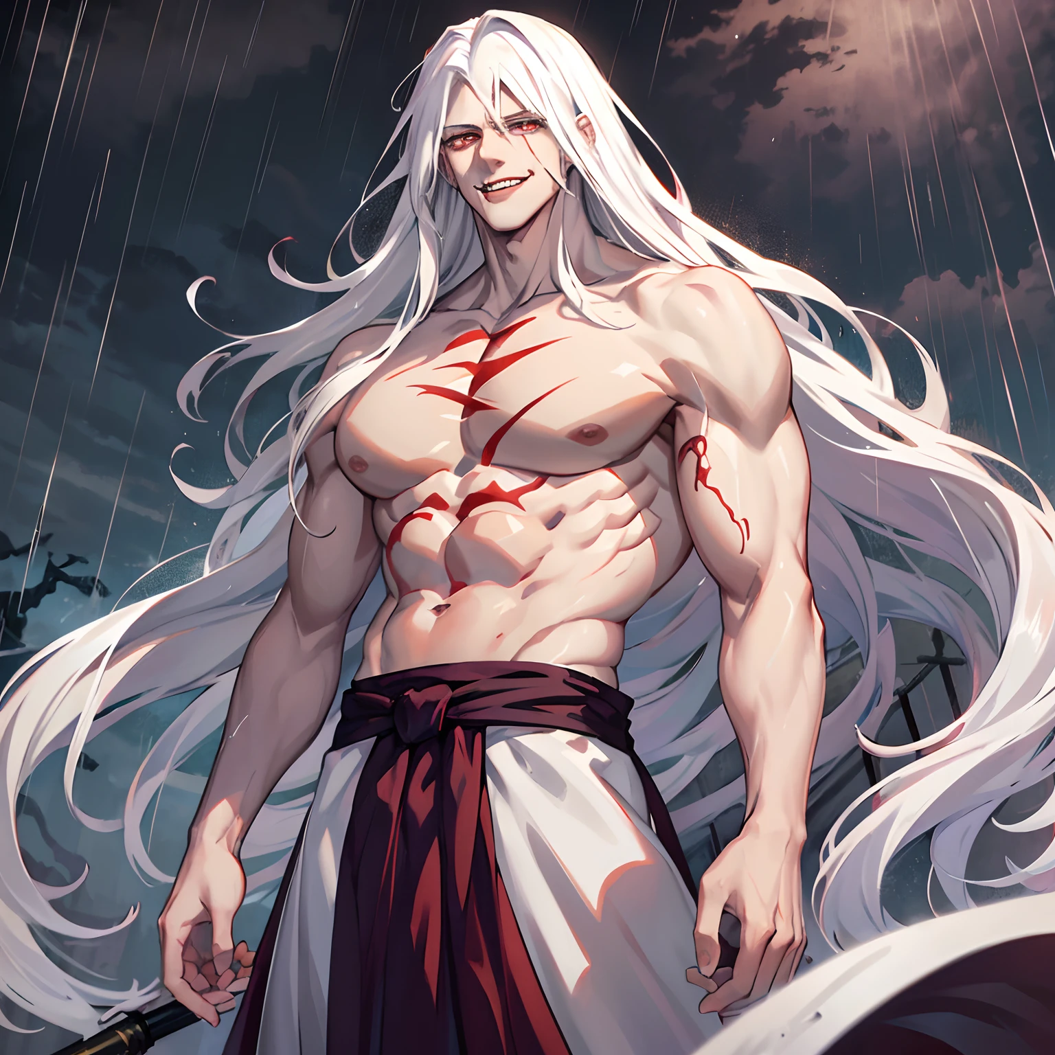 Tall strong man, long messy flowing white hair, glowing red eyes, pale white skin, vampiric, fully naked, huge cock, handsome, smiling gently, standing in the rain at night, vampire, vampiric, muscular, buff, vaguely white caucasian skin, wearing a very loose and revealing purple robe, Fushigoro Toji, muscular male