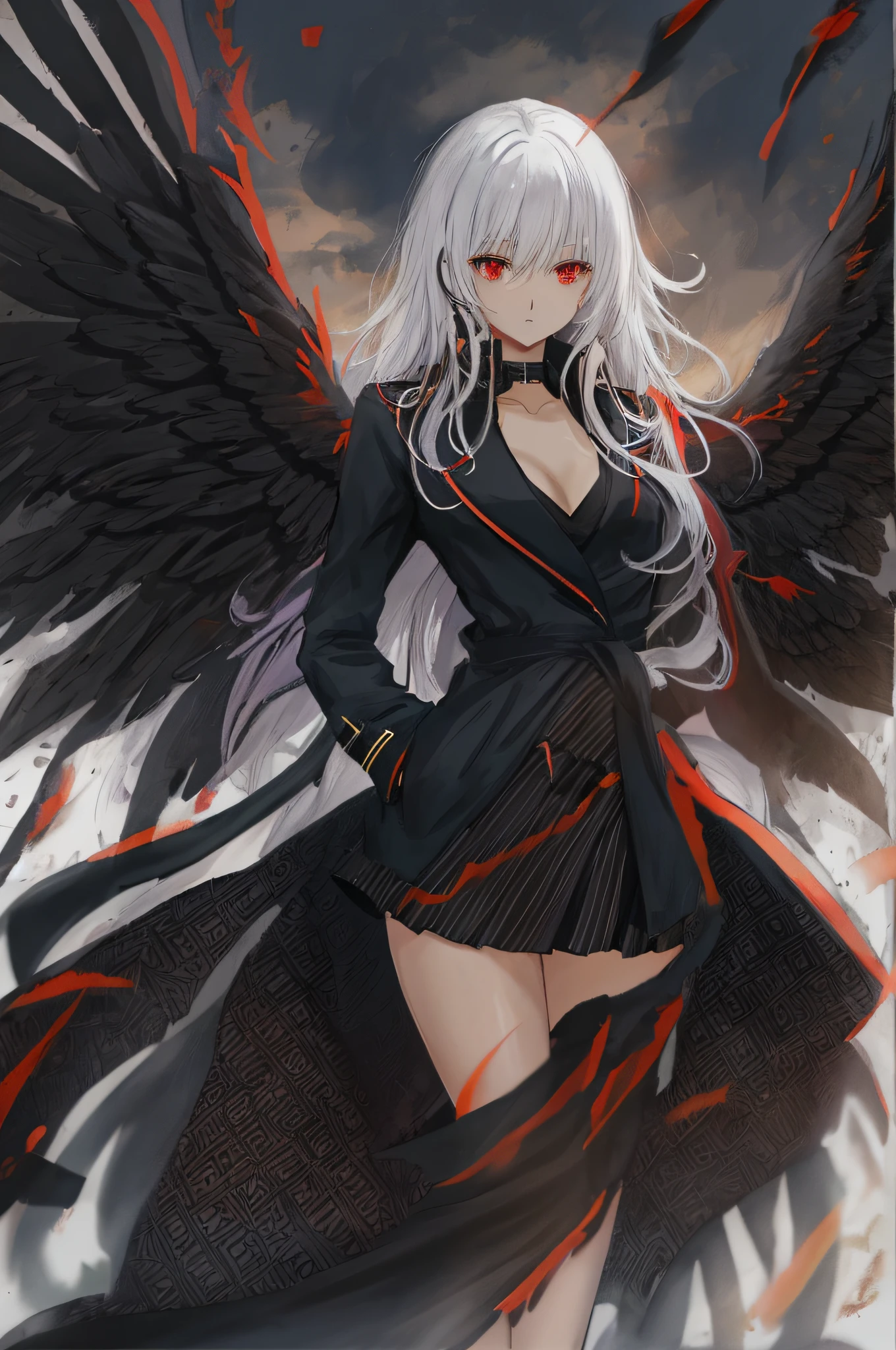 Black Phoenix，Anime shoujo，（（（solo person））），Wear a top that exposes your navel，Long black trench coat，Messy white hair，with a red eyes，Slightly helpless