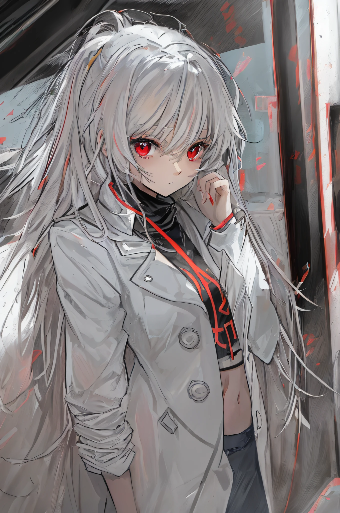 Black Phoenix,Anime shoujo,(((solo person))),Wear a top that exposes your navel,Long black trench coat,Messy white hair,with a red eyes,Slightly helpless