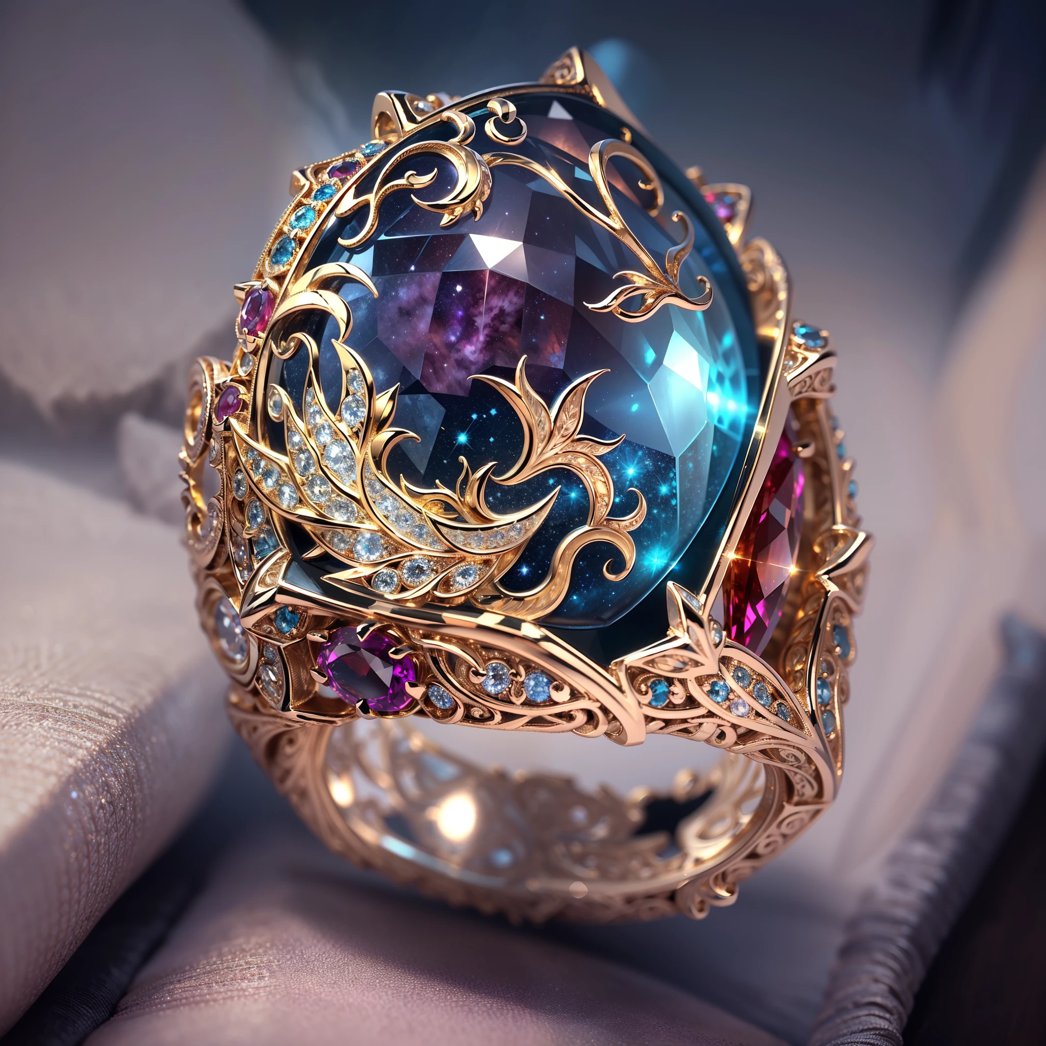 Masterpiece，highest  quality，(Nothing but the ring)，(a Beautiful ring:1.5), Ultra detailed，(No Man),Phoenix ring setting，starrysky，Wrapped around the end from beginning to end，Delicate gold ring，Starry sky in the ring,The sheen，inverted image，Sparkling red-blue gemstones，Elegant and noble,simple backgound