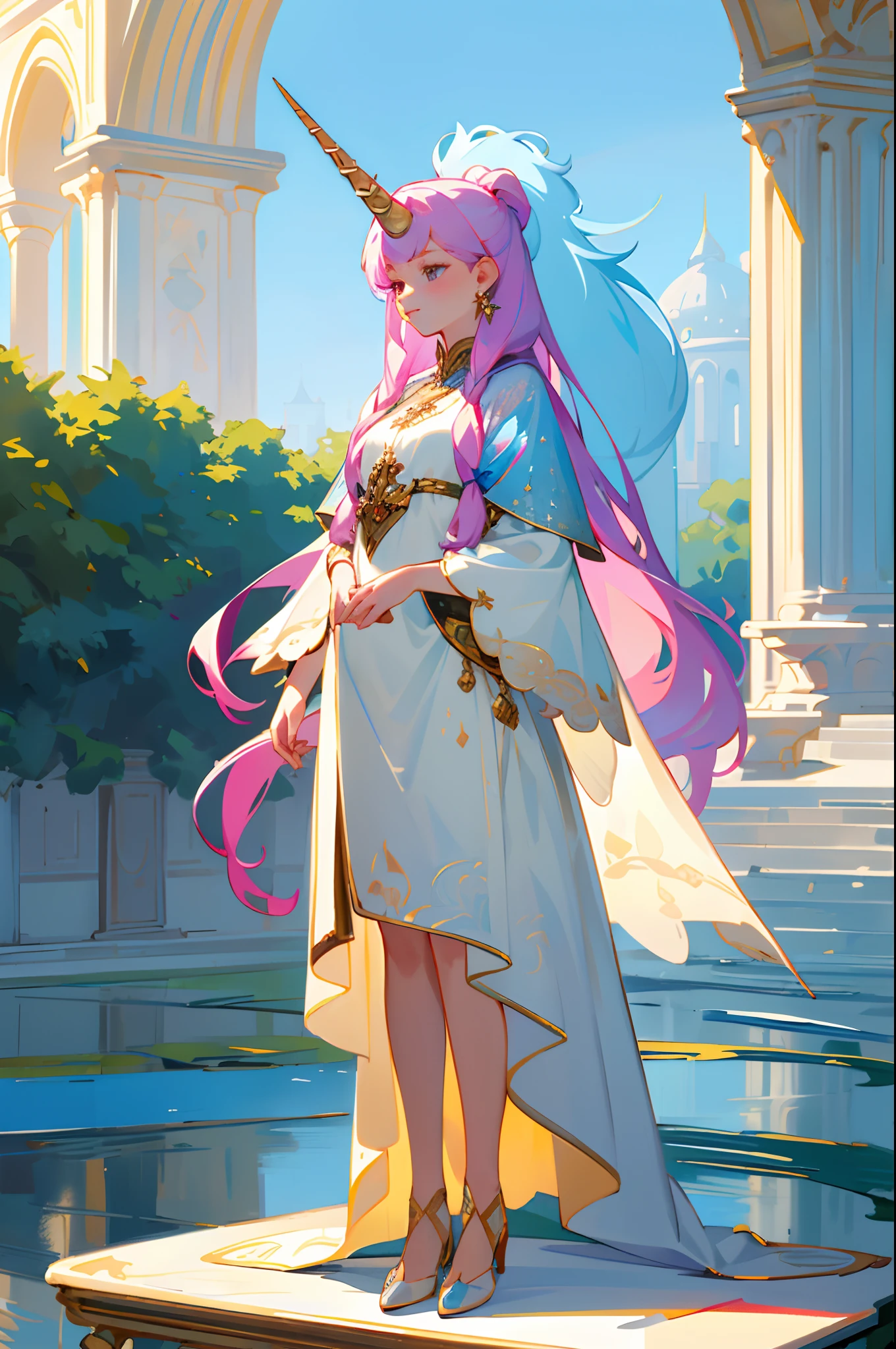 (best quality, masterpiece, ultra-realistic), portrait of 1 beautiful and delicate girl, with a soft and peaceful expression, the background scenery is a palace garden, unicorn horn, full body, fashion concept art