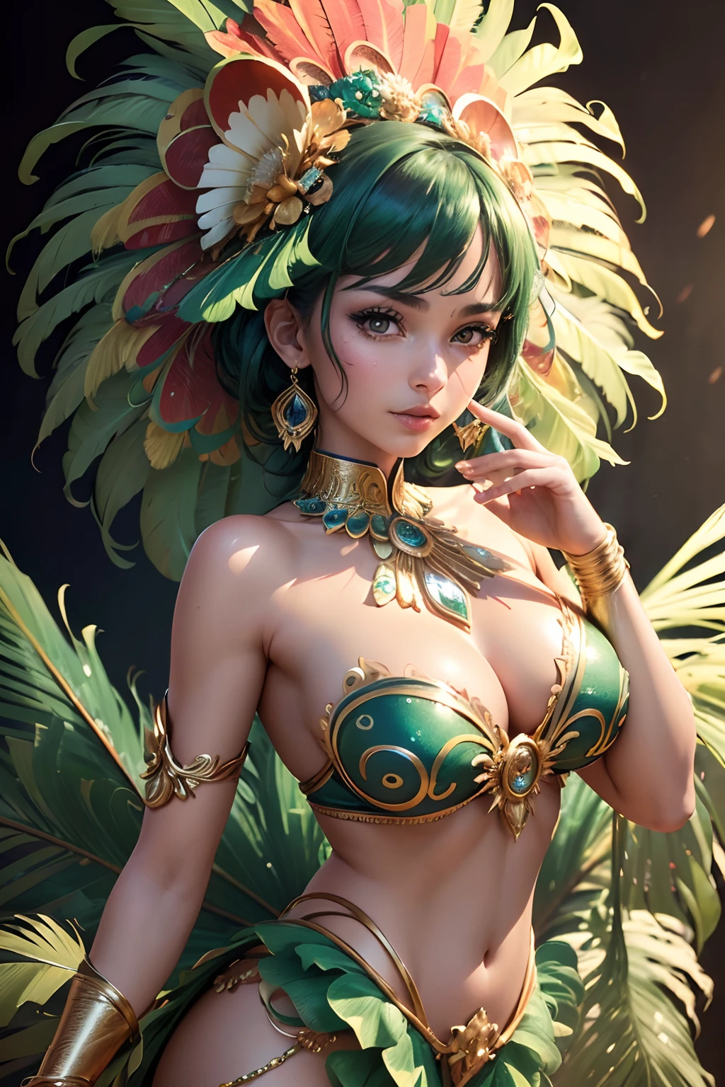 (Best Quality,4K,8K,hight resolution,masutepiece:1.2),Ultra-detailed,(Realistic,Photorealistic,Photorealsitic:1.37),Latin,samba,Samba Carnival Costumes,Brazilian,gorgeous costumes,Slender eyes,Samba costumes,Illustration,pop-art, Vivid colors, Dynamic lighting,Lame costume,Peacock feather costume
