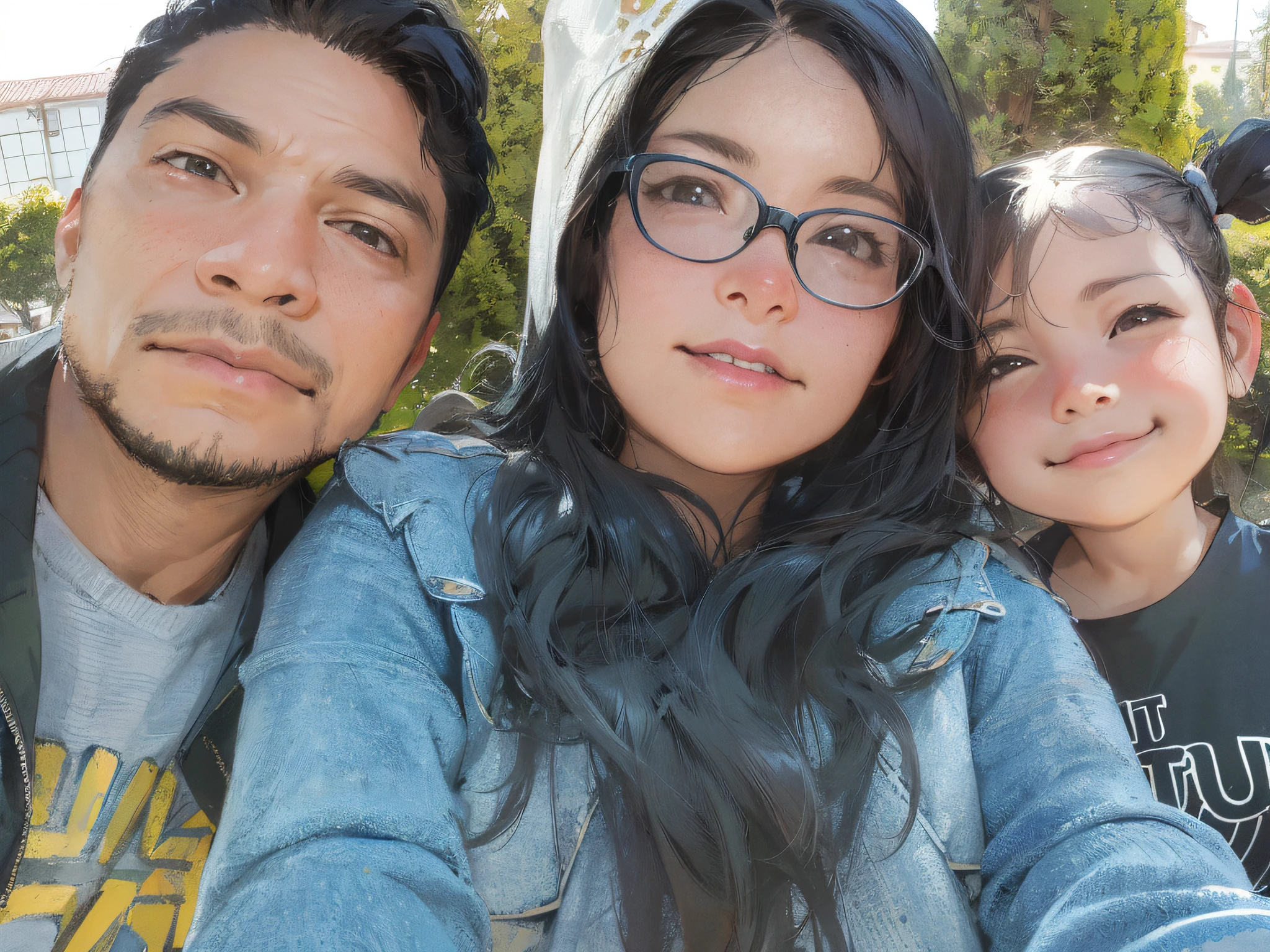 there are two people taking a selfie with a child, profile image, profile photo, happy family, husband wife and daugther, profile picture, profile pic, taken in the early 2020s, family photo, family portrait, portrait of family of tree, 8k selfie photograph, anime style, medieval clothing