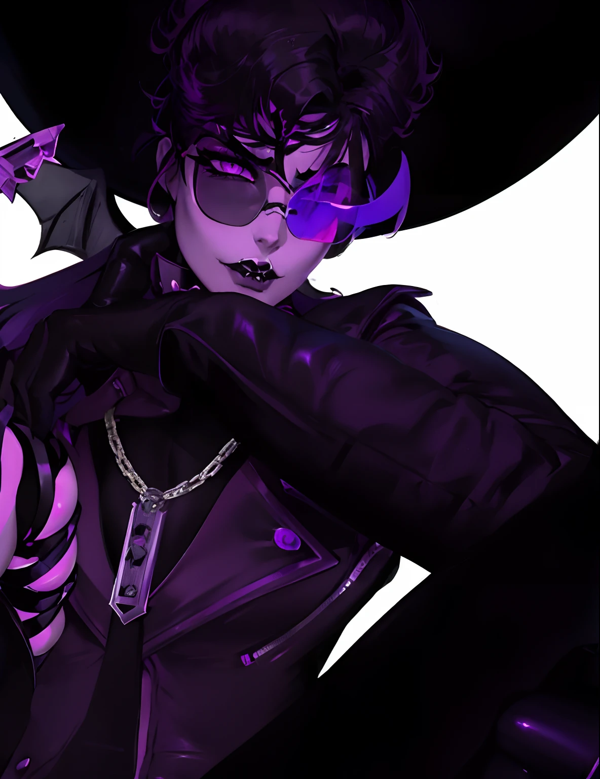 anime character with purple hair and glasses holding a gun, evil devious male, darkwave goth aesthetic, dark neon punk, gapmoe yandere grimdark, the jewelpunk aesthetic, 2b, 2 b, imvu, full body shot close up, inspired by Jean Malouel, menacing look, close up half body shot, edited, mall goth