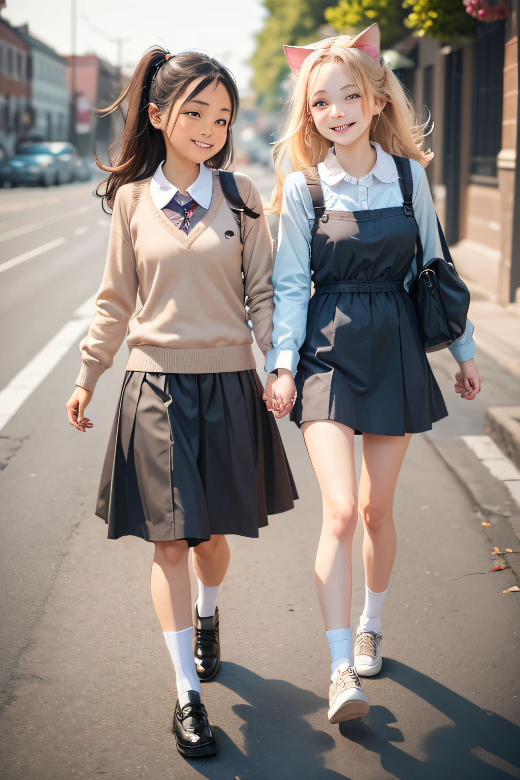 silly cat dressing, smiling, going to school, shoes, holding hands, happy, beautiful