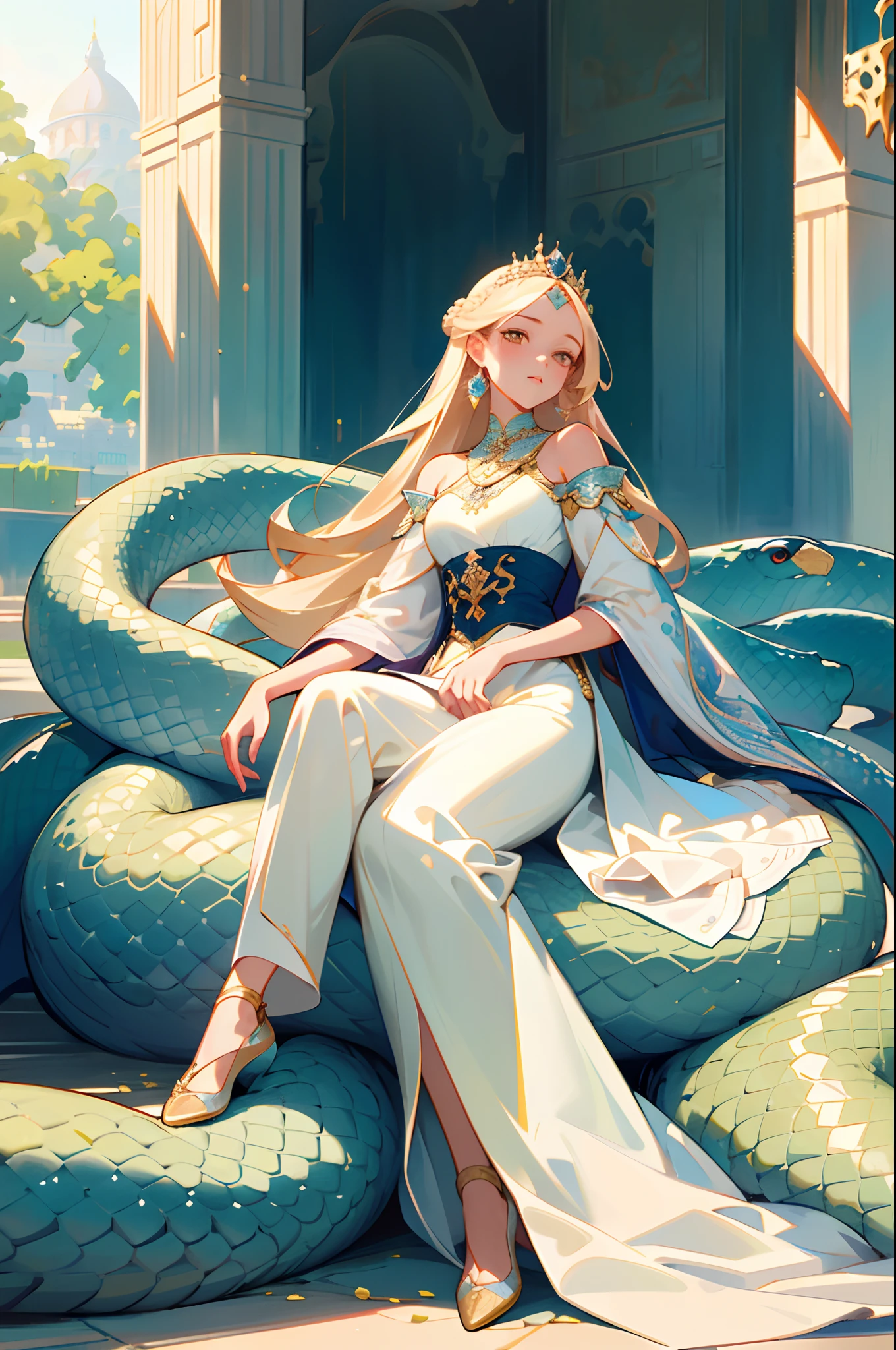 (best quality, masterpiece, ultra-realistic), portrait of 1 beautiful and delicate girl, with a soft and peaceful expression, the background scenery is a palace garden, snake tail, full body, fashion concept art
