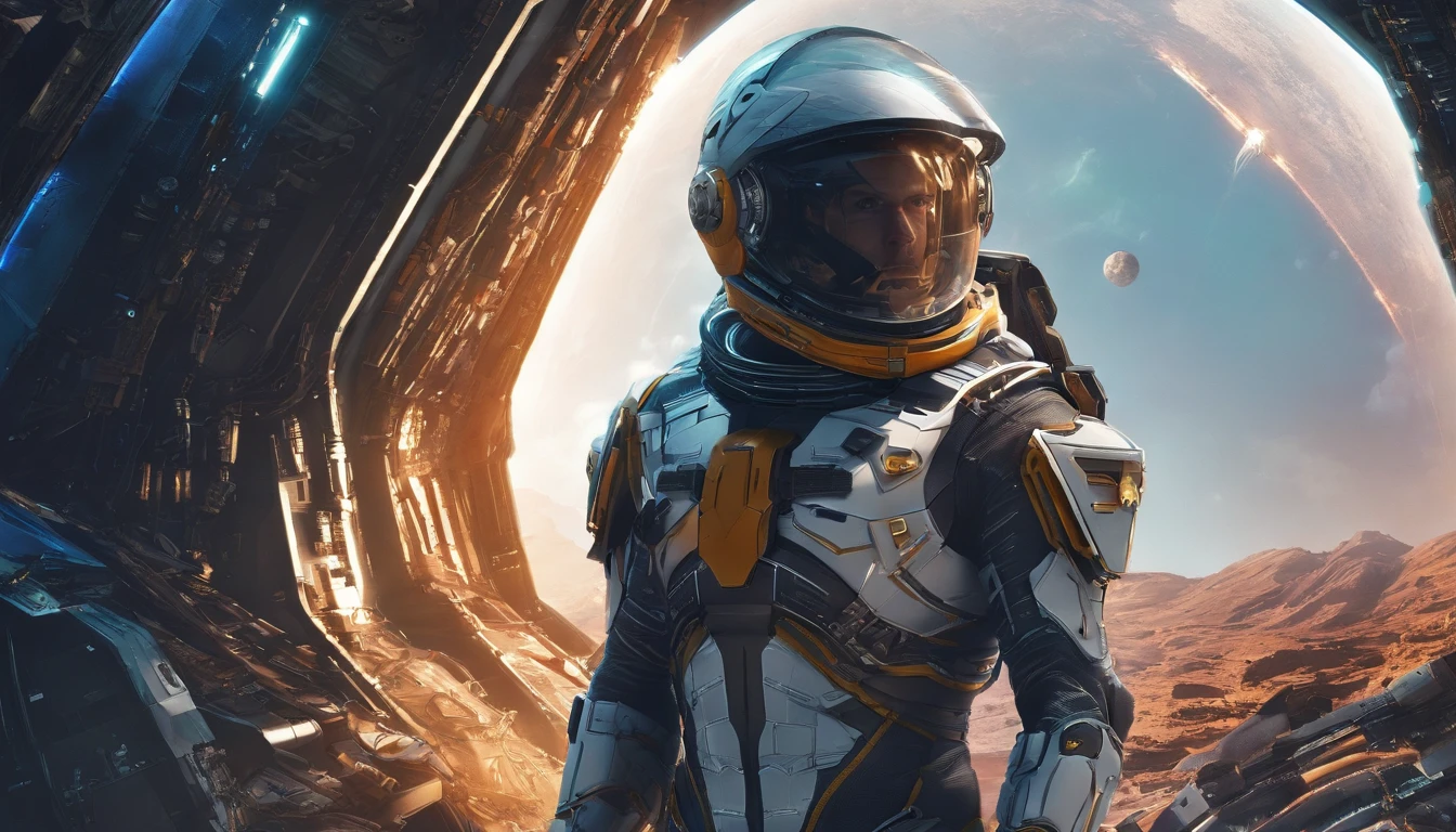 (best quality,4k,8k,highres,masterpiece:1.2),ultra-detailed,HDR,Tom Holland as Ishmael wearing spacesuit armor,beautiful detailed eyes,beautiful detailed lips,extremely detailed face,long eyelashes,science fiction adaptation,moody atmosphere,post-apocalyptic background,dark and mysterious lighting,vivid colors,concept artists,physically-based rendering,space exploration,sci-fi,sharp focus,metallic textures,alien landscapes,star-filled sky,cracked helmet,shiny visor,steampunk elements,exploring unknown planets,advanced technology,sci-fi gadgets,spacecraft,holo displays,high-tech weaponry,rocket boosters,exoskeleton suit,motion blur effect,alien creatures in the shadows,survival in harsh environment,otherworldly landscapes,adventure,subtle color grading,contrasting shadows and highlights,atmospheric perspective, Tom Holland as Ishmael in science fiction adaptation wearing spacesuit armor