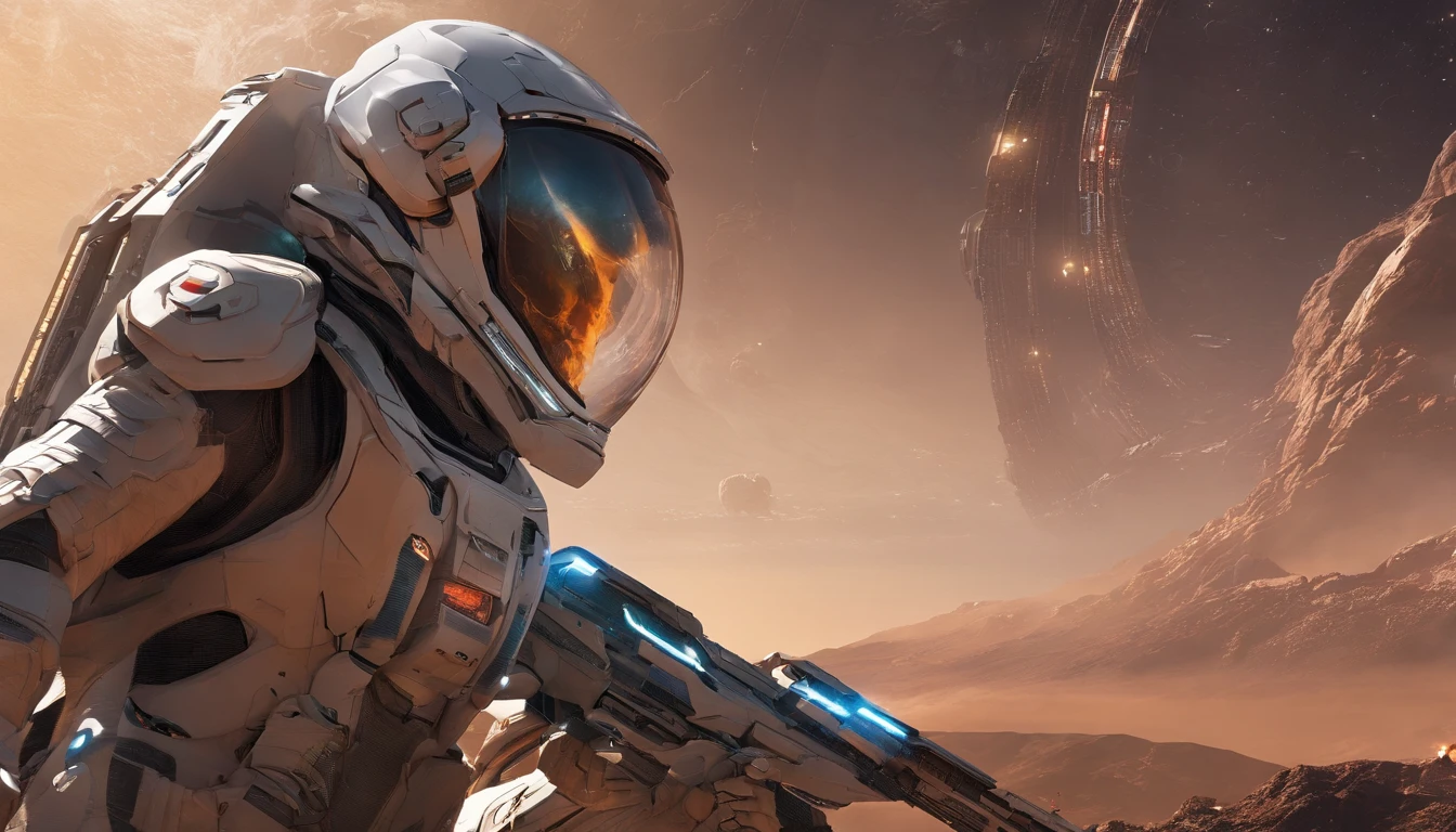 (best quality,4k,8k,highres,masterpiece:1.2),ultra-detailed,HDR,Tom Holland as Ishmael wearing spacesuit armor,beautiful detailed eyes,beautiful detailed lips,extremely detailed face,long eyelashes,science fiction adaptation,moody atmosphere,post-apocalyptic background,dark and mysterious lighting,vivid colors,concept artists,physically-based rendering,space exploration,sci-fi,sharp focus,metallic textures,alien landscapes,star-filled sky,cracked helmet,shiny visor,steampunk elements,exploring unknown planets,advanced technology,sci-fi gadgets,spacecraft,holo displays,high-tech weaponry,rocket boosters,exoskeleton suit,motion blur effect,alien creatures in the shadows,survival in harsh environment,otherworldly landscapes,adventure,subtle color grading,contrasting shadows and highlights,atmospheric perspective, Tom Holland as Ishmael in science fiction adaptation wearing spacesuit armor