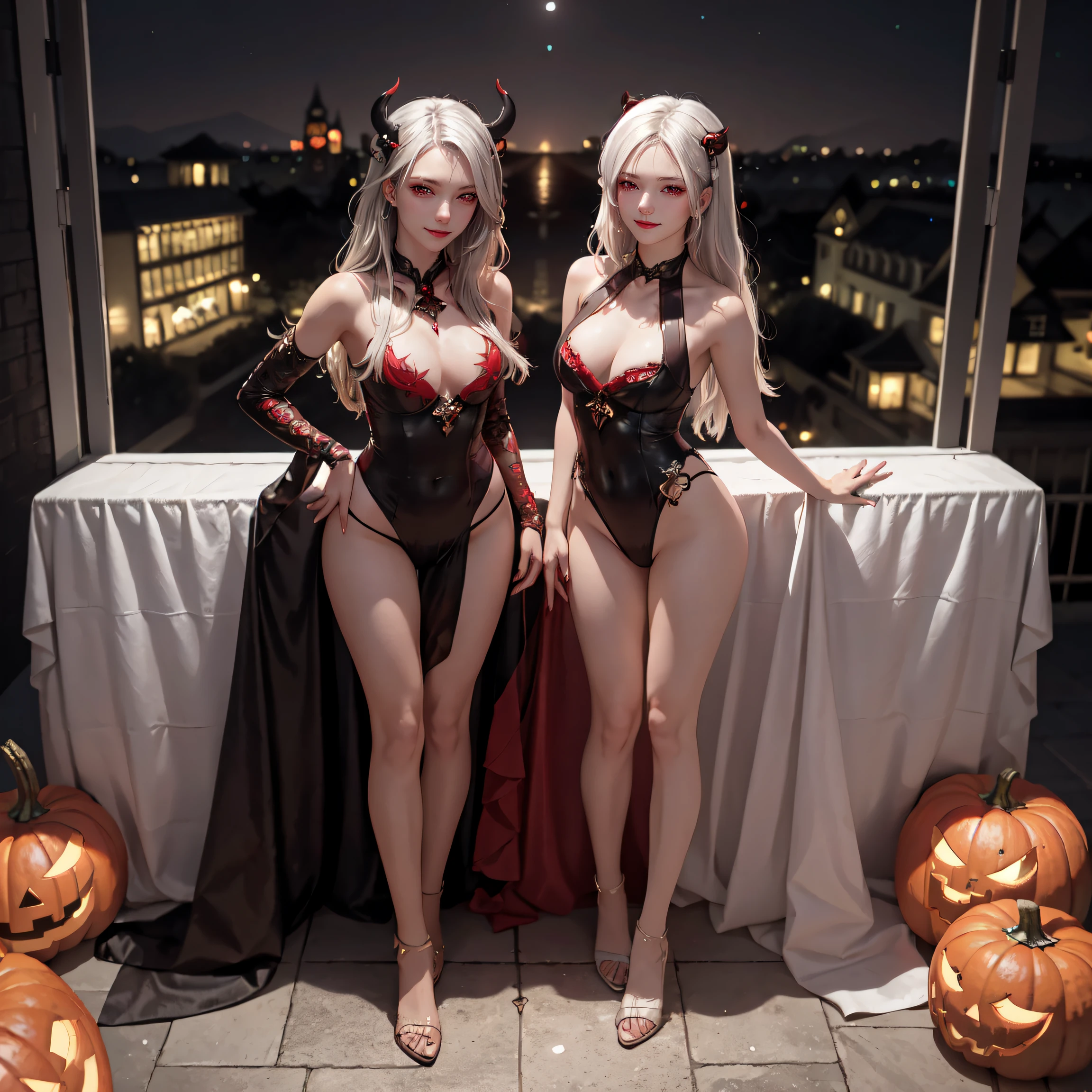 masterpiece, top-quality, top-quality, Beautifully Aesthetic:1.2, Two girls, Halloween night, Wearing a devil costume, high detailed, ((Red eyes:1.8)), large breasts, firm breast, nicely shaped breasts, slender figure, 
((Gray hair)), wavy hair, (medium long hair:1.2), 
in the Halloween party venue decorated for Halloween at late night, (Full body shot:1.1),
Standing in line with seductive pose that sticking out breasts,