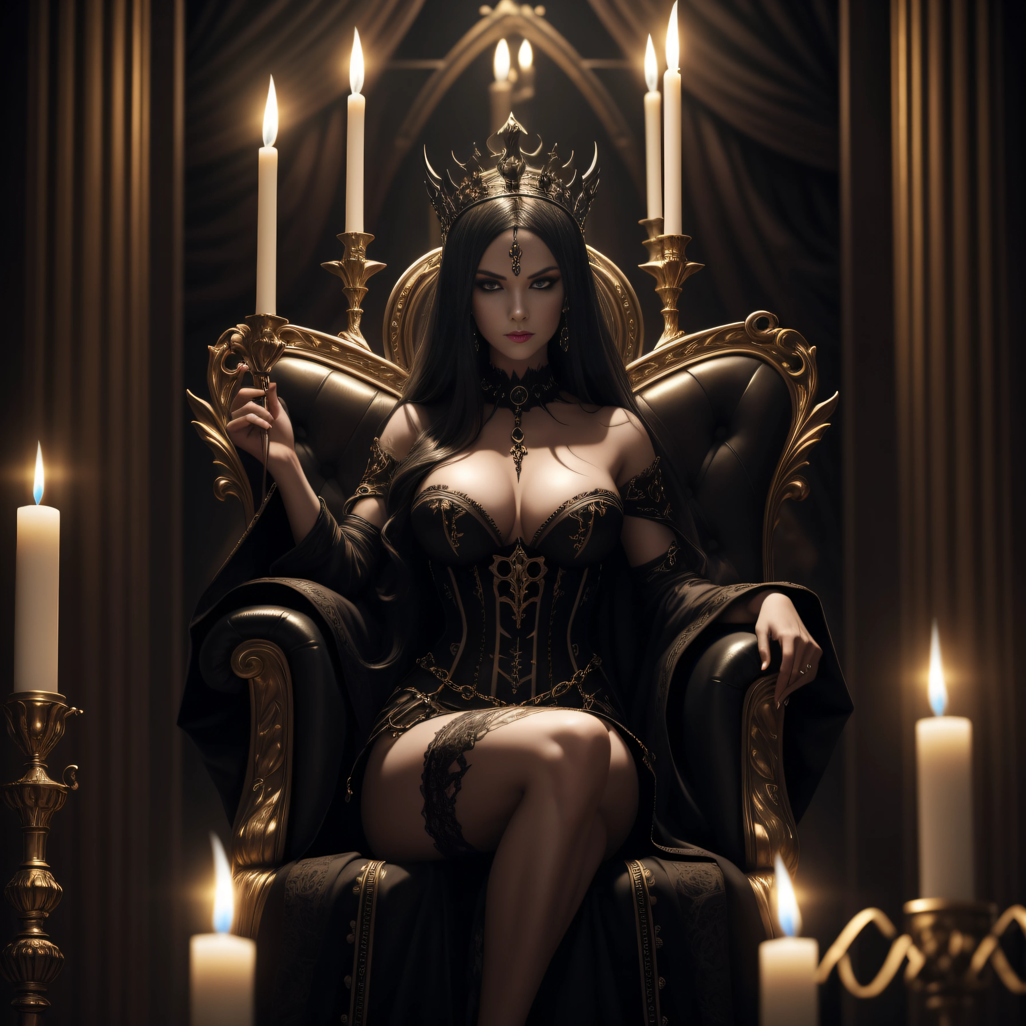 Queen succubus with highly detailed face and his sexy wives with perfect and detailed bodies and faces, Gothic style throne room, candelabra, candles, skulls, , micro detail, 8 K, hyper detailed, full body, volume lighting, raytracing, vivid colors, depth of field, sharp focus, detailed photograph, , portrait, highly detailed, beautiful, HD, ultra demon looking, dimed lights candles everywhere, fix her eyes,