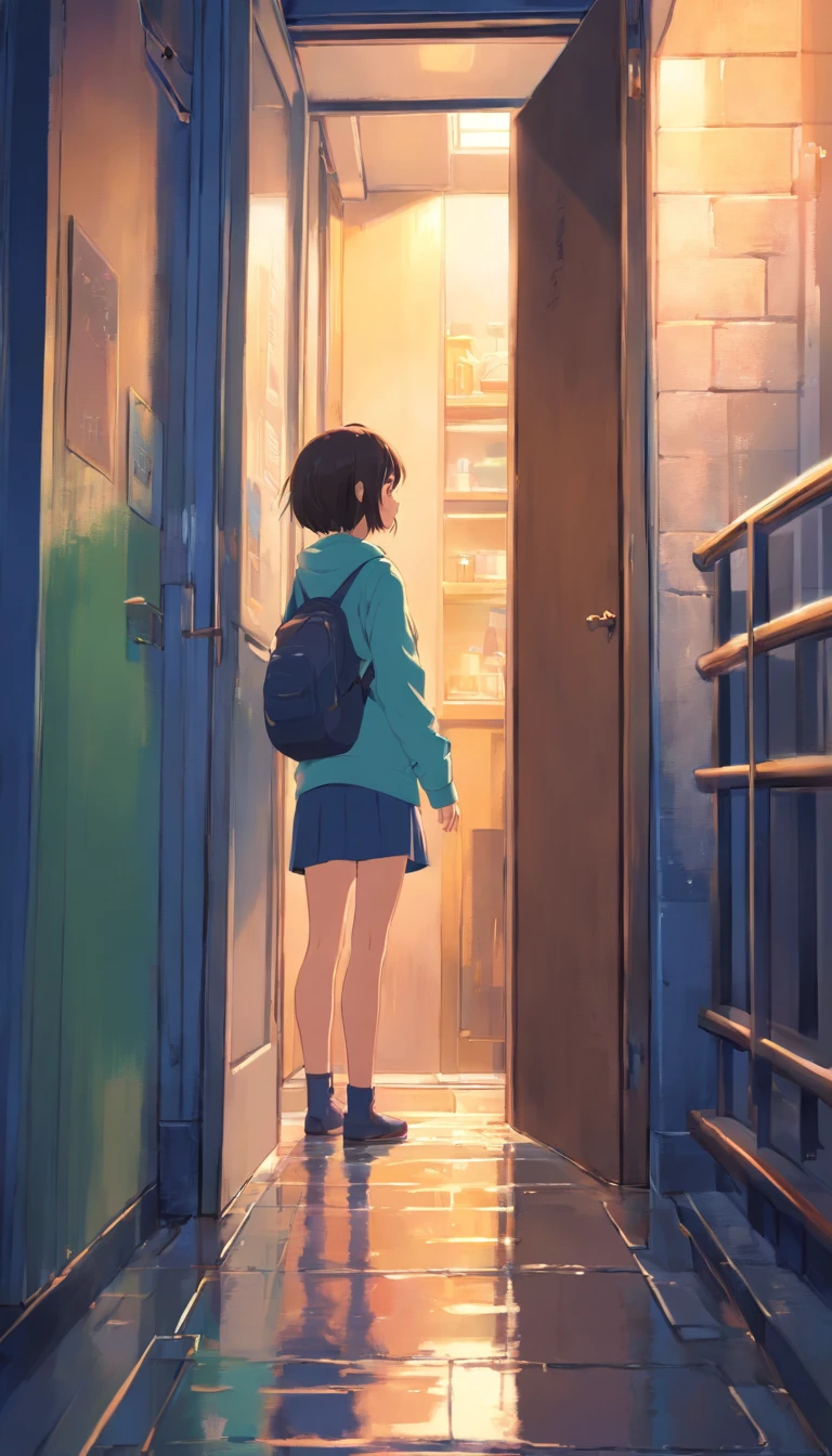 one-girl (Back shadow:1.2),View out from the doorway,Street view on a rainy day,super detail, high details
