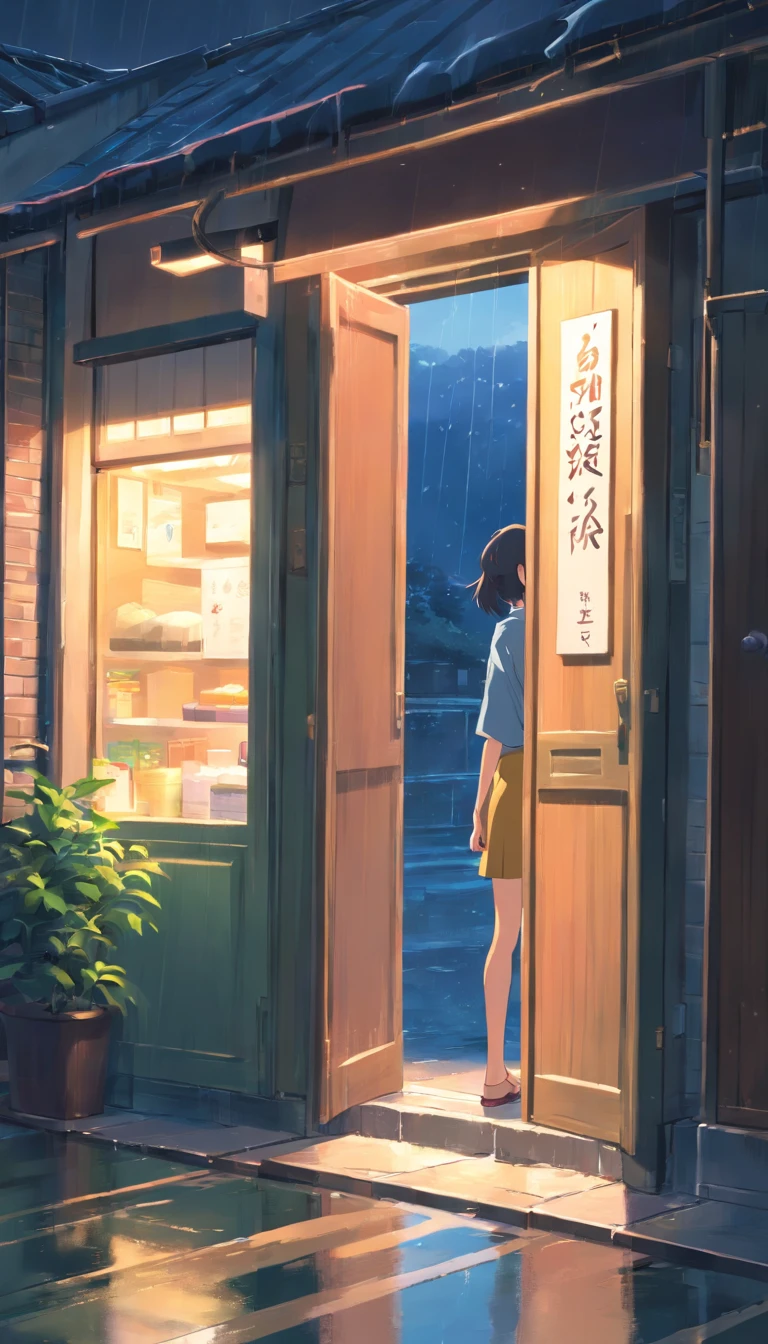one-girl (Back shadow:1.2),View out from the doorway,Street view on a rainy day,super detail, high details