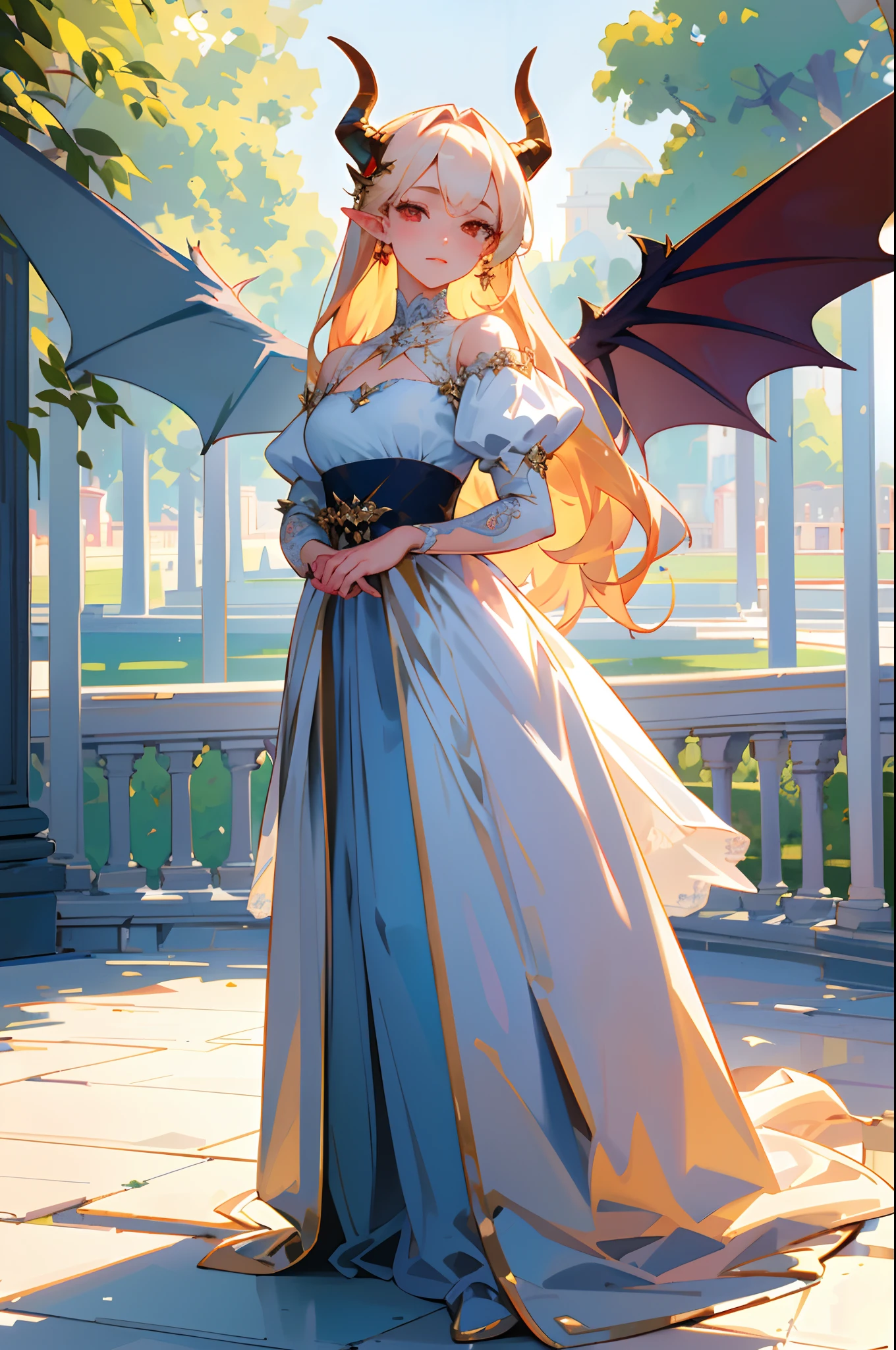 (best quality, masterpiece, ultra-realistic), portrait of 1 beautiful and delicate girl, with a soft and peaceful expression, the background scenery is a palace garden, devil horns, devil wings, full body, fashion concept art