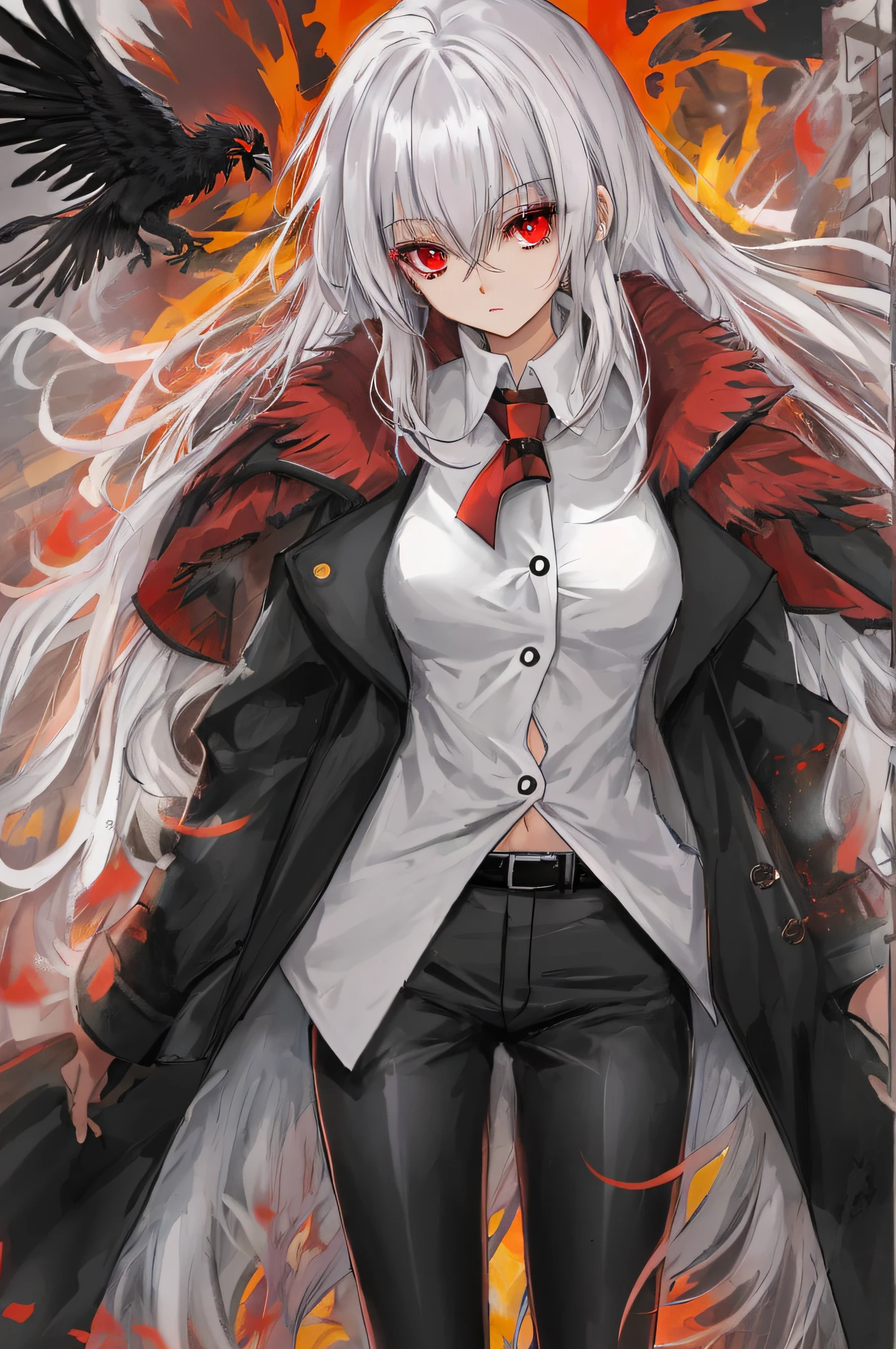 Black Phoenix,Anime shoujo,(((solo person))),Wear a top that exposes your navel,Long black trench coat,Messy white hair,with a red eyes,Slightly helpless