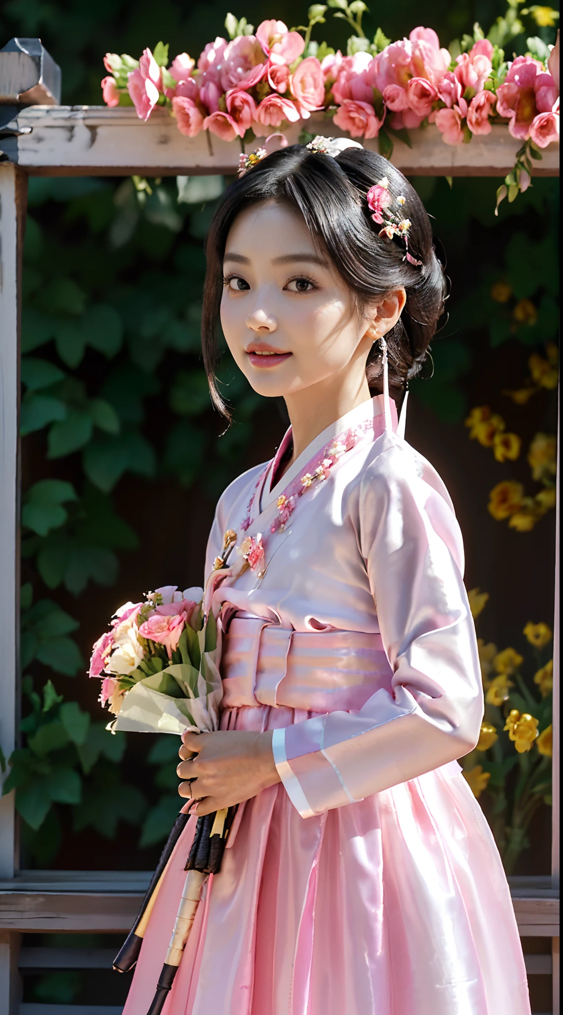(Small lower chest,small heads)), (perfect bodies: 1.1),(Black hair:1.5),(极其细致的CG 8k壁纸），（Extremely refined and beautiful），（Masterpiece），（best qualtiy：1.0），（超高分辨率：1.0）,[A high resolution],cheerfulness,Smile,(Smooth and flawless fair skin:1.5),(Shiny skin:1.5),(Exquisite makeup:1.3),ultra - detailed,A beautiful Korean girl,(5-year-old:1.8),Slim,emaciated,(Gorgeous hanbok，White top and pink dress:1.5),Autumn, In a residential area,High-rise residential building,on the garden,On the path,(standing:1.5),(Holding a bouquet of flowers in front of both hands:1.5),(Stand upright from the front:1.5),Upper body,(Close-up Shot Shot:1.3),(Cowboy shot:1.3),(front portrait:1.5),Morning,(Daytime scene:1.5),Bright sunshine,