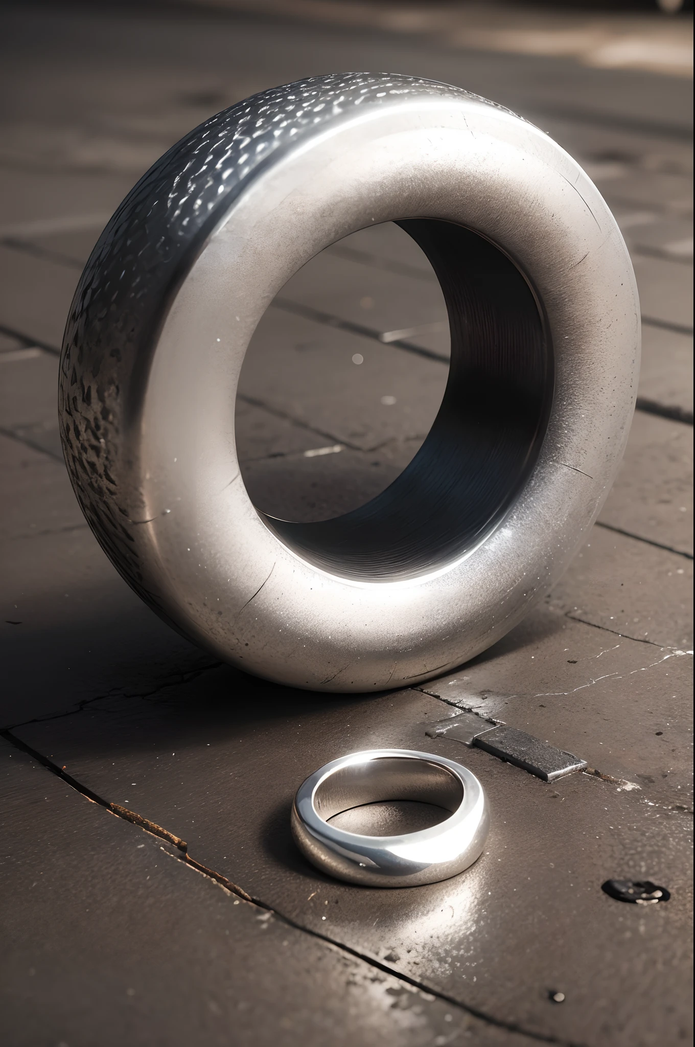 A silver ring fell to the ground，metalictexture，the detail