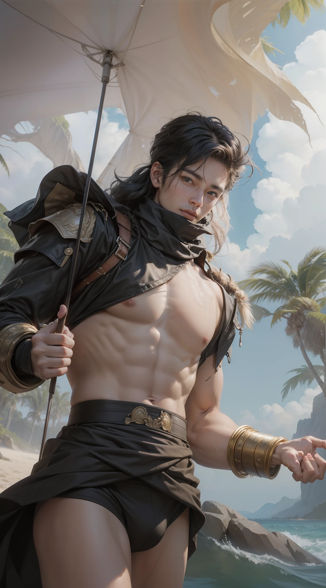 8K, Best Quality, Masterpiece, Ultra High Resolution, (Realistic: 1.4), Original Image, (Realistic Skin Texture: 1.3), (Film Grain: 1.3), (Selfie Angle), 1 boy, Hand holding stick, Big and beautiful Detail Eyes and Face, Masterpiece, Best Quality, Close-up, Toned body, Perfect muscles, Exposed chest muscles, Body 6, No hair, No cotton shirt, (Black briefs), (Summer, Beach, Sea water, Water, Trees, Blue sky, white clouds, sunshine